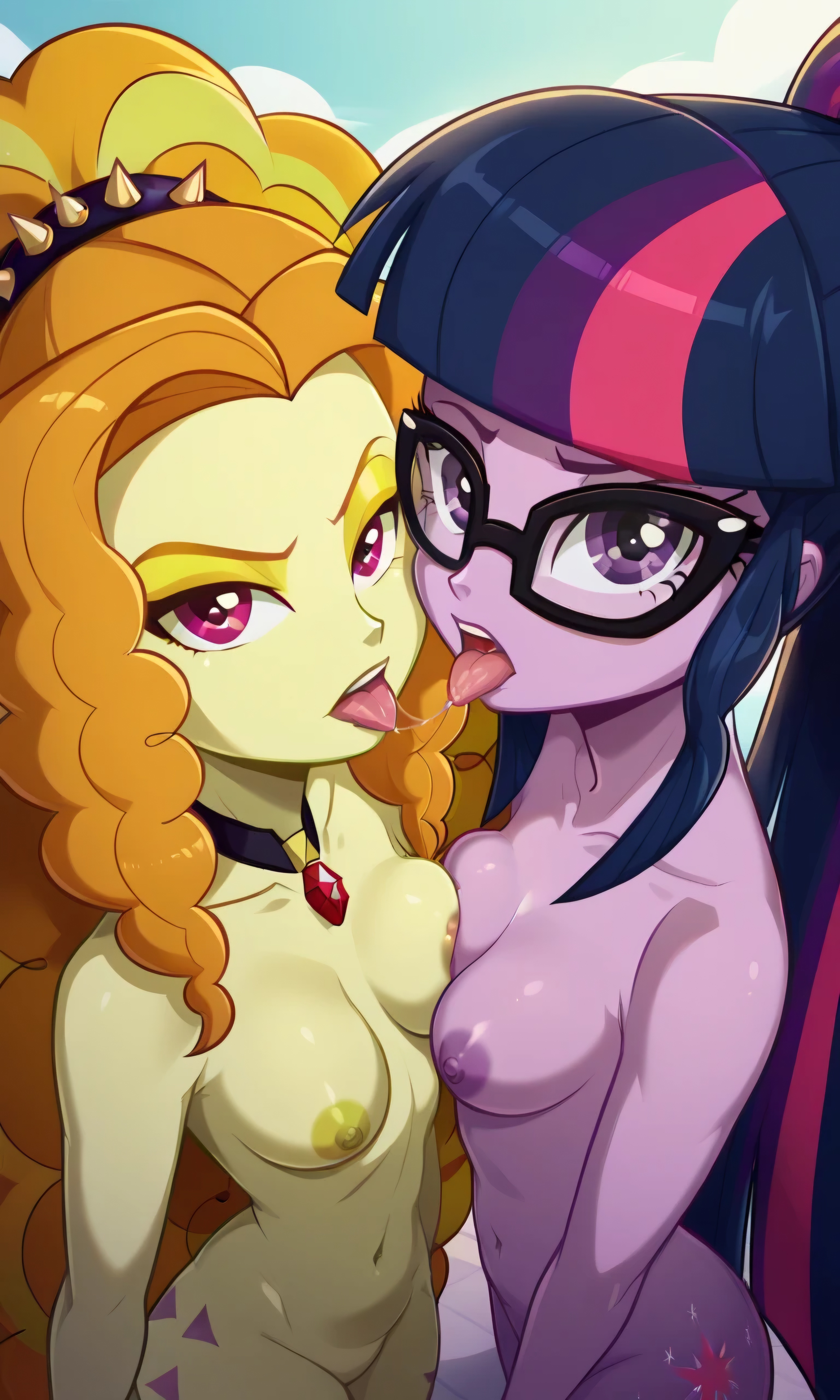 2girls, above view, adagio dazzle, adagio dazzle (eg), ai, ai art, ai assisted, ai generated, ai hands, ai-created, blue hair, breasts, duo, equestria girls, female, glasses, hairband, kissing, looking at viewer, medium breasts, my little pony, my little pony equestria girls, necklace, nude, nude female, orange hair, ponytail, purple body, purple skin, saliva, saliva drip, saliva string, saliva trail, sci-twi, standing, svpk76, tied hair, tongue, tongue kissing, tongue out, twilight sparkle (eg), twilight sparkle (mlp), yellow body, yellow hair, yellow striped hair