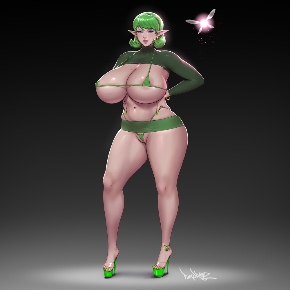 1girls, big body, breasts, female, female only, gigantic breasts, huge breasts, ocarina of time, pinkdrawz, saria, skimpy, solo, solo female, standing, the legend of zelda, toe ring, voluptuous