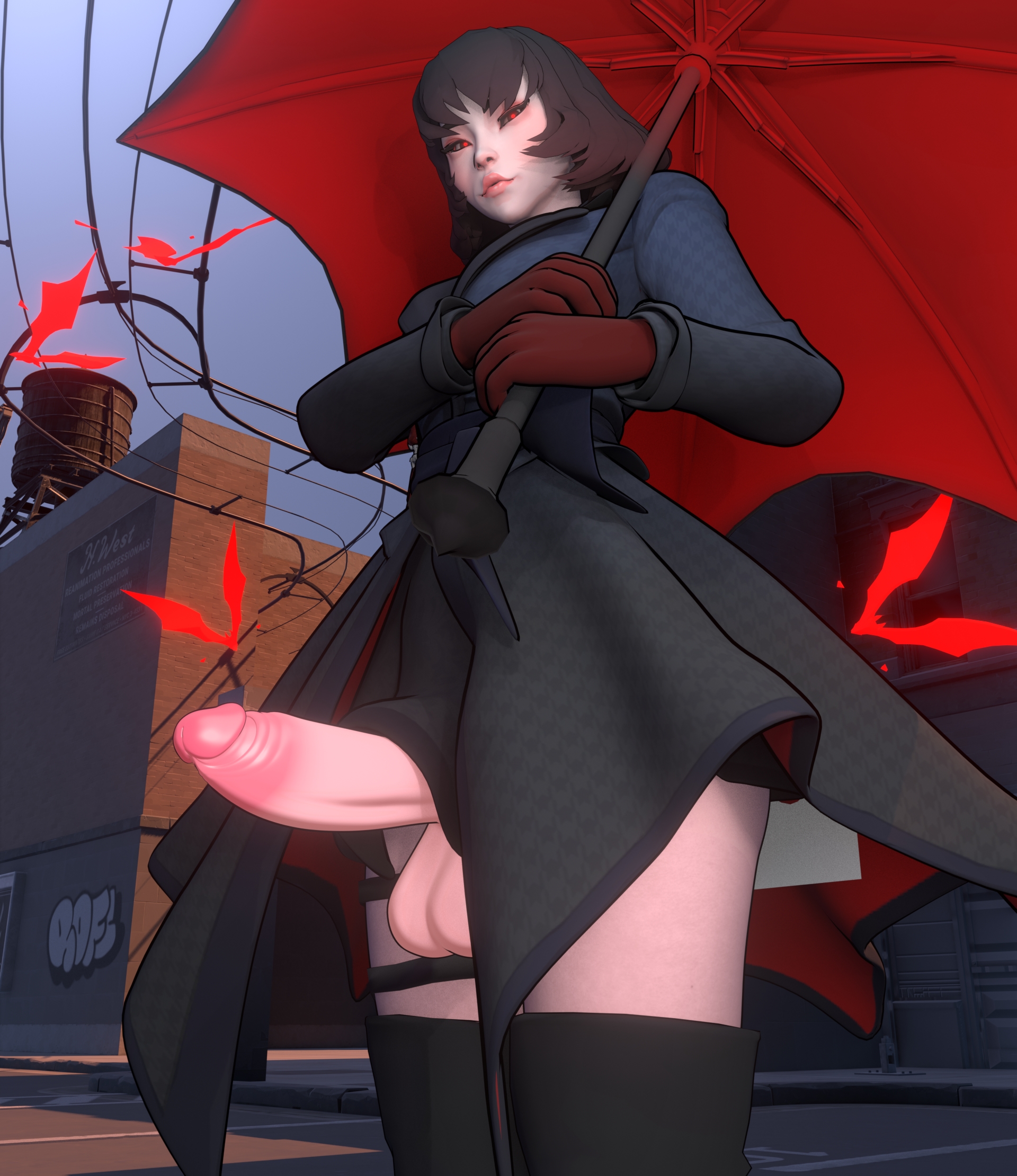 1futa, 3d, club shaped penis, deadlock, deskt3d, futa only, futanari, intersex, mina (deadlock), mina ha, penis, red eyes, solo, umbrella, vampire, vampire girl