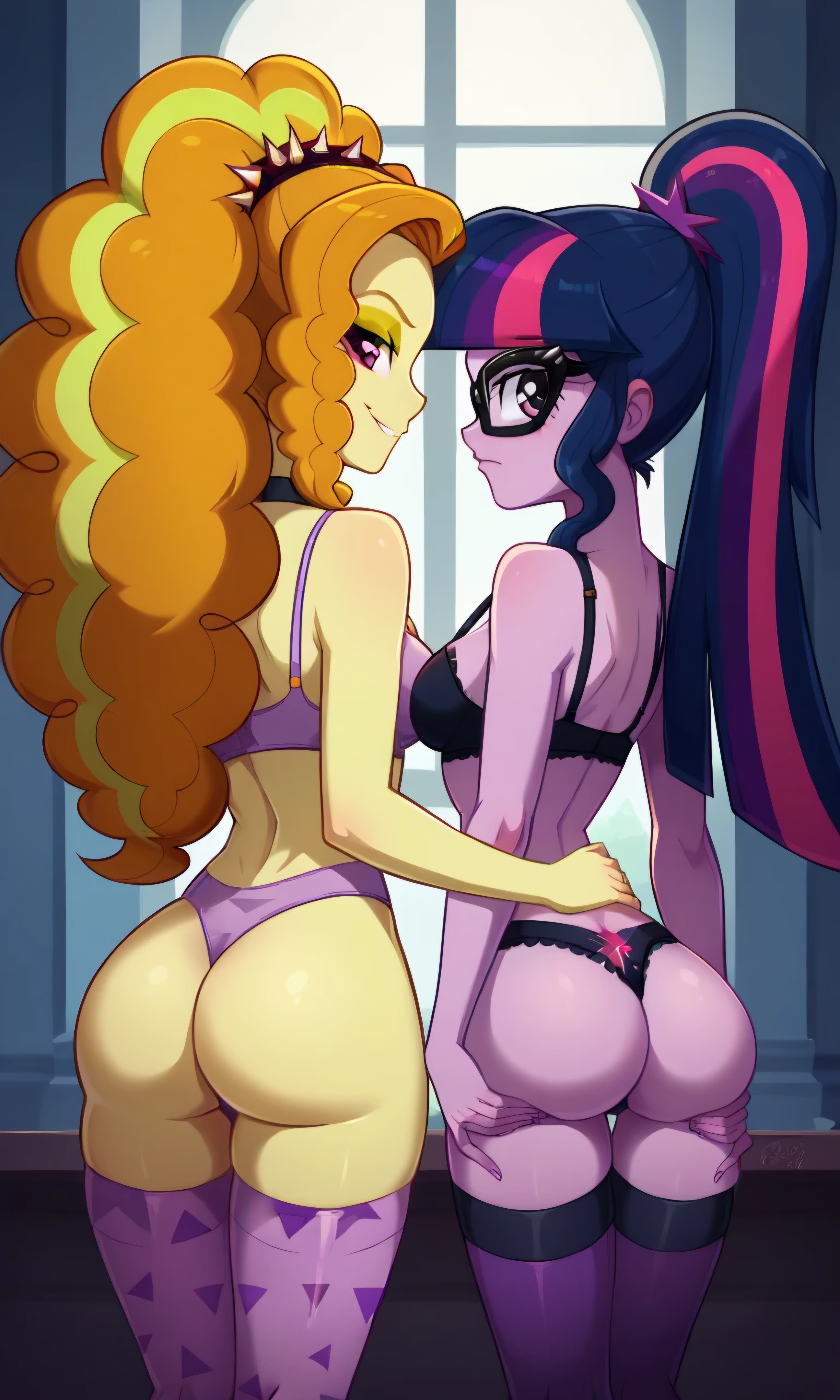 2girls, adagio dazzle, adagio dazzle (eg), ai, ai art, ai assisted, ai generated, ai hands, ai-created, ass, ass focus, ass view, back view, blue hair, bra, duo, duo female, equestria girls, female, friendship is magic, glasses, hairband, hand on ass, hand on hip, hasbro, hugging, lingerie, looking at viewer, my little pony, orange hair, panties, partially clothed, ponytail, portrait, purple body, purple eyes, purple skin, purple striped hair, sci-twi, stockings, svpk76, twilight sparkle (eg), twilight sparkle (mlp), two-tone hair, yellow body, yellow skin, yellow striped hair