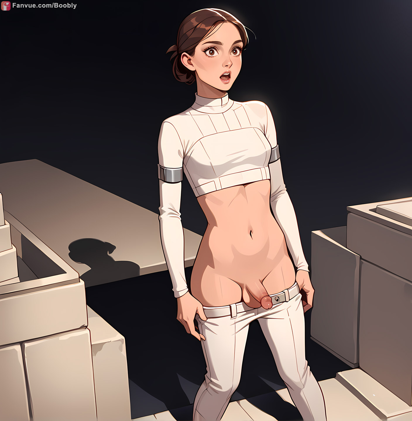 ai generated, belt, boobly, breasts, brown hair, flaccid, from above, futanari, hair bun, intersex, medium breasts, natalie portman, open mouth, padme amidala, pants, pants down, shocked, star wars