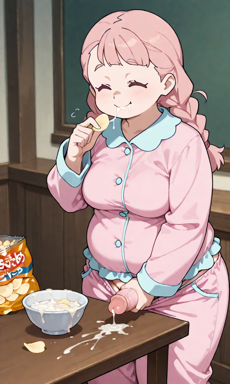ai generated, balls, closed eyes, cum, cum on bowl, cum on food, cumming on food, futanari, grabbing own penis, hand on penis, happy, intersex, jasminka antonenko, little witch academia, masturbation, pajama pants, pajamas, pajamas pull, pants pull, penis, pink hair, smile, testicles, twin braids, veiny penis