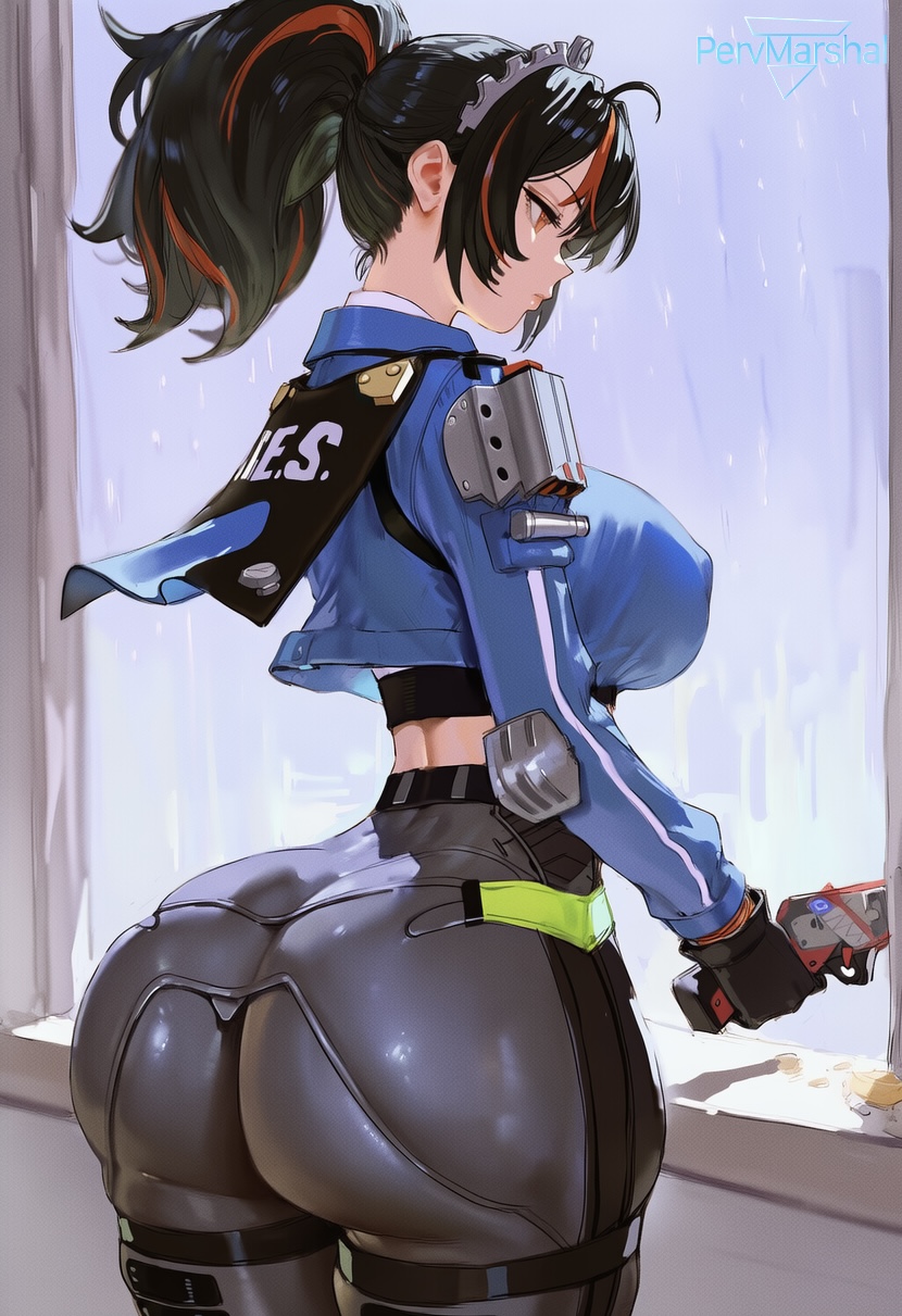 1girls, ai generated, female, female only, from side, high-waist pants, huge ass, marshalperv, pervmarshal, ponytail, shiny skin, solo female, thick thighs, tight clothing, tight pants, zenless zone zero, zhu yuan