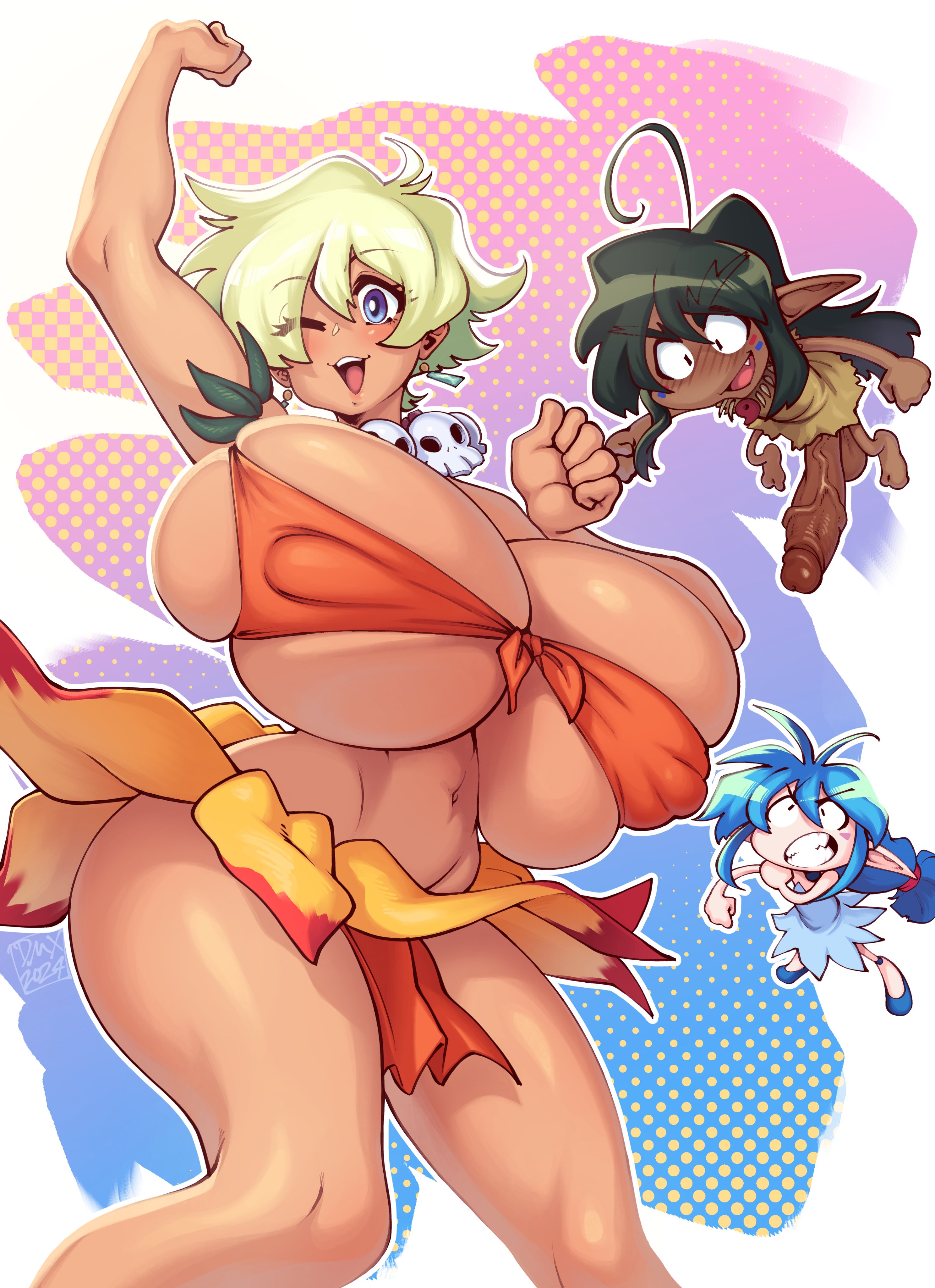 1girls, beautiful, big breasts, big nipples, bikini, blue eyes, breasts, child bearing hips, dmxwoops, earrings, female, fertility goddess, fit female, flower skirt, green hair, heavy breasts, huge breasts, huge cock, jungle de ikou, jungle girl, male, massive breasts, mii (jungle de ikou), natsumi rokudo, navel, nipple bulge, nipples visible through clothing, orange bikini, penis, seductive, sexy, short hair, skull necklace, tan, tan body, tan skin, thick, thick thighs, thighs, tribal, wide hips
