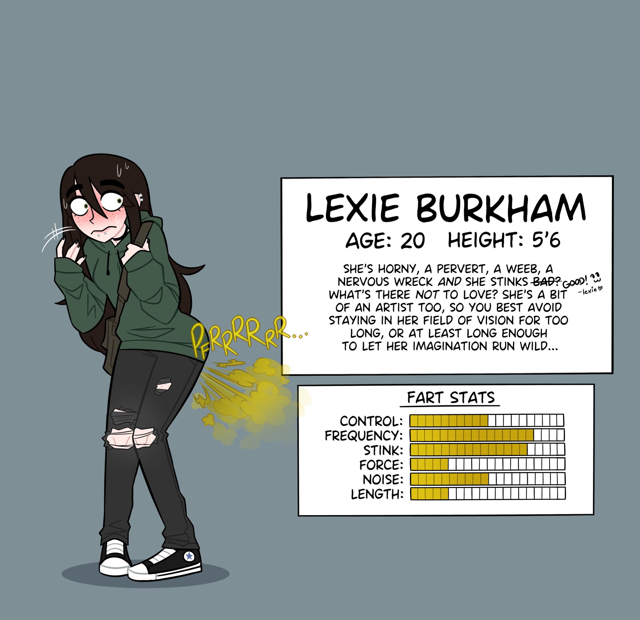 black hair, character sheet, fart, fart cloud, fart fetish, farting, female, freckles, lexie (oddtenn), nerd, nerdy female, nervous, oc, oddtenn, piercings, sweat
