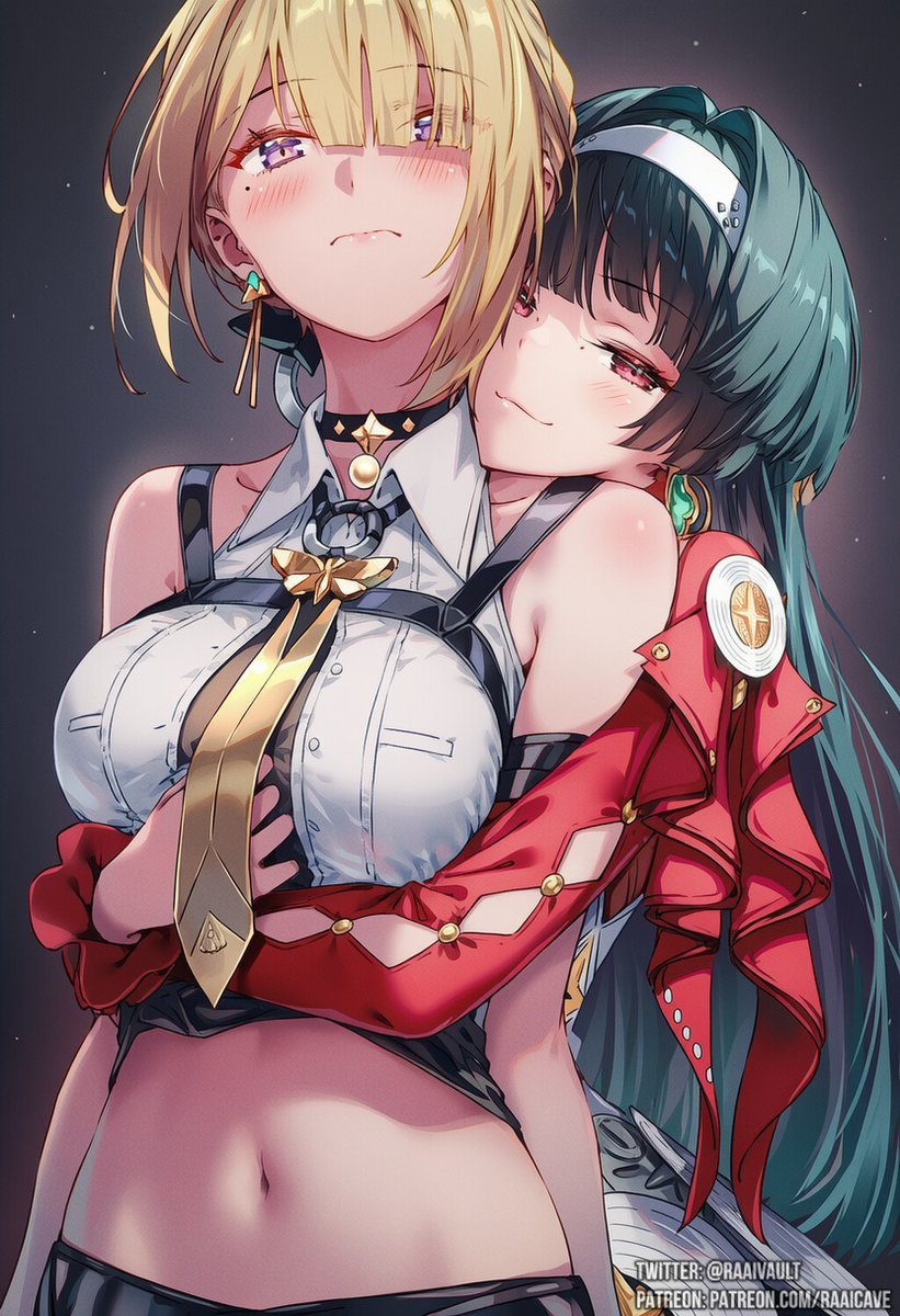 2girls, ai generated, arms around partner, arms around torso, astra yao, big breasts, black hair, blonde hair, blush, breasts, button down shirt, buttons, choker, clothed, clothing, ear piercing, earrings, embarrassed, evelyn chevalier, exposed shoulders, eyebrows, eyelashes, eyes, female, female only, female/female, hairband, head on shoulder, hoyoverse, hugging, hugging from behind, jewelry, leather, leather clothing, leather straps, lifting clothing, long sleeves, midriff, mole, necklace, purple eyes, raaicave, red eyes, smile, smug, smug face, stars of lyra, touching breast, yuri, zenless zone zero