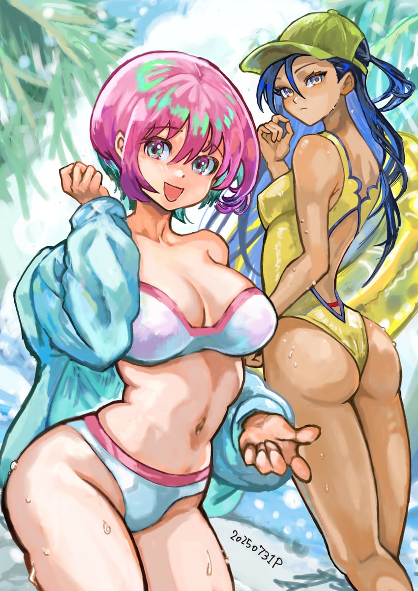 2girls, amate yuzuriha, big ass, big breasts, bikini, breasts, cleavage, dark-skinned female, digital painting (artwork), female, gundam, gundam gquuuuuux, hips, looking at viewer, nipple bulge, nyaan (gundam gquuuuuux), one-piece swimsuit, p-tan, red hair, swimsuit, wet