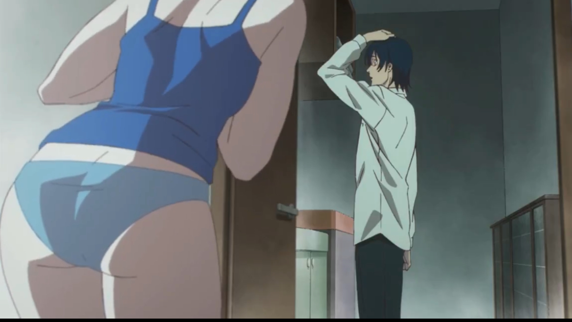 1boy, 1girls, ass, ass focus, blue panties, blue tank top, butt crack, chainsaw man, clothed, clothed female, clothed male, clothing, door, doorway, female, hayakawa aki, head out of frame, himeno (chainsaw man), male, official animation, official art, panties, pants, shirt, tank top, thighs, underwear