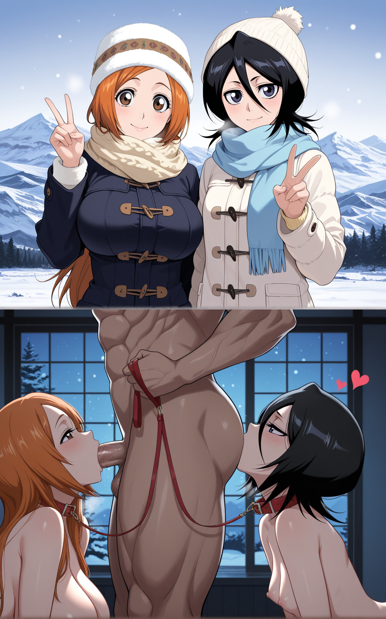 1boy, 1boy2girls, 2girls, 2girls1boy, ai generated, anilingus, bad end, big breasts, black hair, bleach, blowjob, blue plate special, blush, breasts, broken rape victim, brown eyes, coat, collar, collar and leash, completely naked, completely nude, corruption, day, different breast sizes, faceless male, fellatio, female, ffm threesome, group, group sex, hair between eyes, half-closed eyes, hat, heart, heavy breathing, holding leash, indoors, inoue orihime, juxtaposition, kuchiki rukia, large breasts, leash, light-skinned female, long hair, looking at viewer, male, mind break, mountain, multiple females, multiple girls, muscular, muscular male, naked, netorare, night, nipples, notreallyhere, ntr, nude, oral sandwich, orange hair, outdoors, peace sign, penis, purple eyes, rape, rimming, scarf, small breasts, snow, straight, threesome, unseen male face, v sign