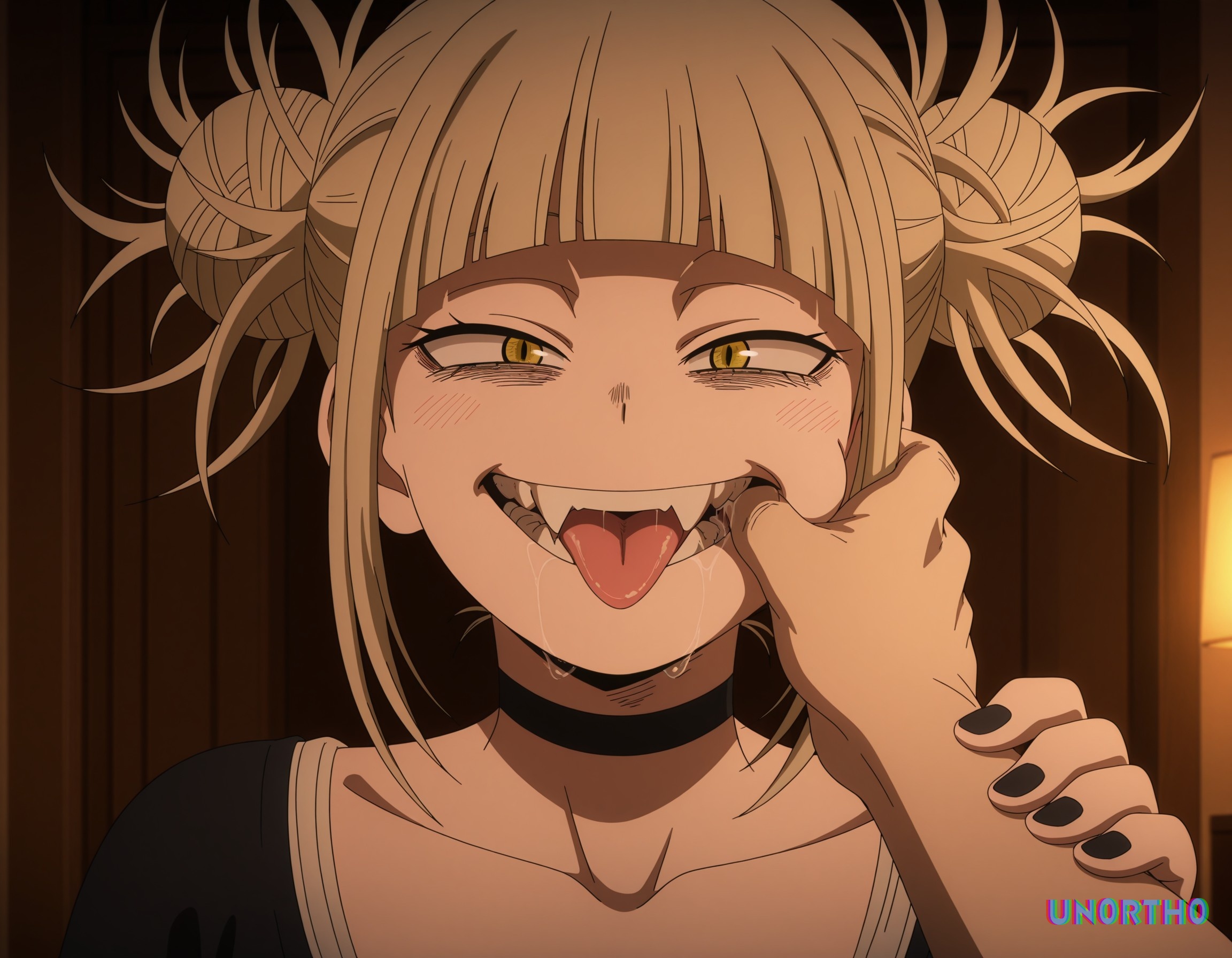 1girls, accurate art style, ai generated, black fingernails, blonde hair, boku no hero academia, cheek bulge, cheek pull, choker, double bun, fangs, female, finger in mouth, hi res, himiko toga, looking at viewer, saliva, un0rth0, yellow eyes, yellow hair