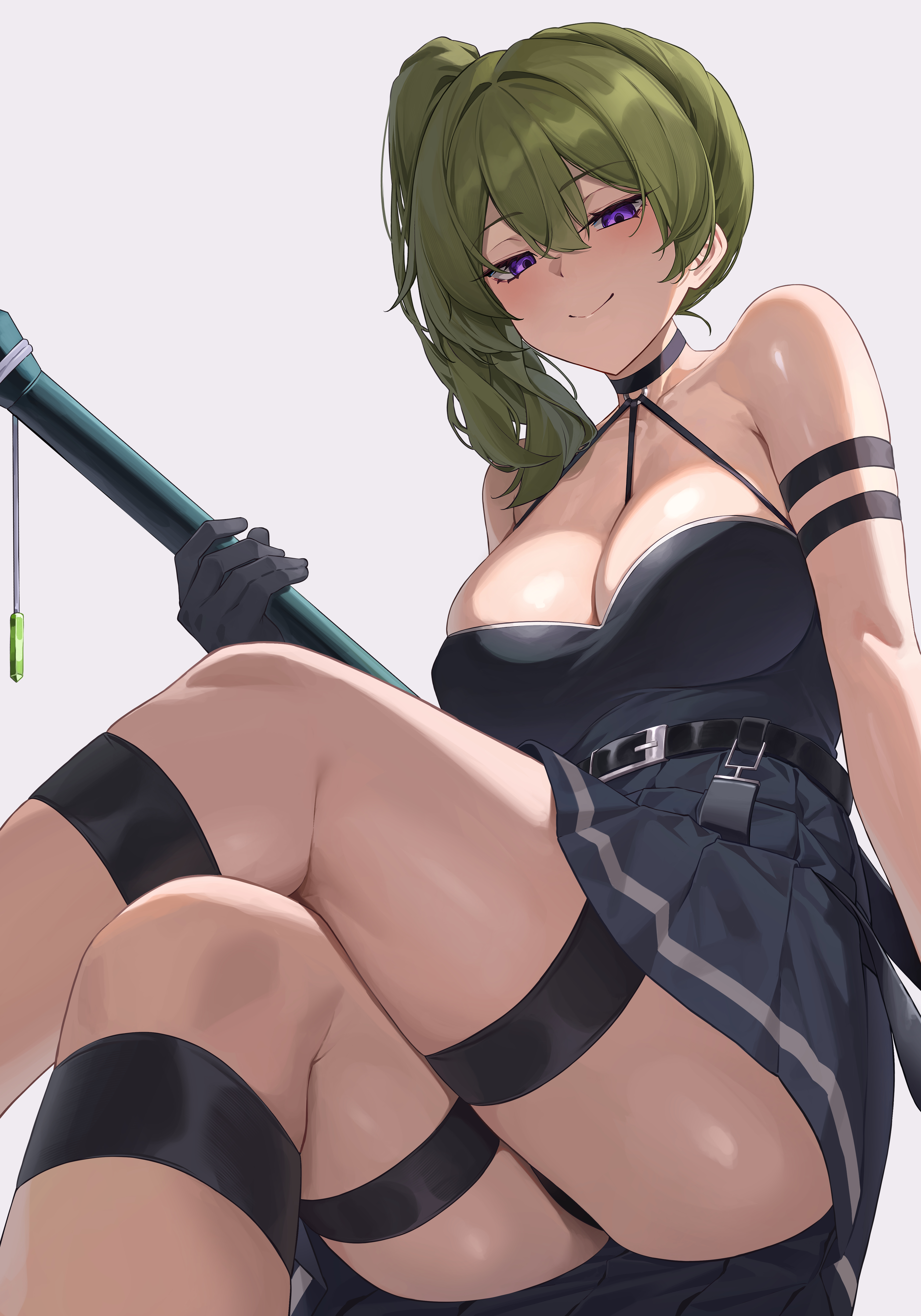 1girls, absurdres, armband, ass, bannou ippoutsukou, bare shoulders, black dress, black gloves, black panties, blush, breasts, closed mouth, crossed legs, dress, duplicate, female, female only, gloves, green hair, highres, holding, holding polearm, holding weapon, large breasts, looking at viewer, miniskirt, panties, polearm, purple eyes, side ponytail, sitting, skindentation, skirt, sleeveless, sleeveless dress, smile, sousou no frieren, thick thighs, thigh strap, thighs, ubel (sousou no frieren), underwear, weapon