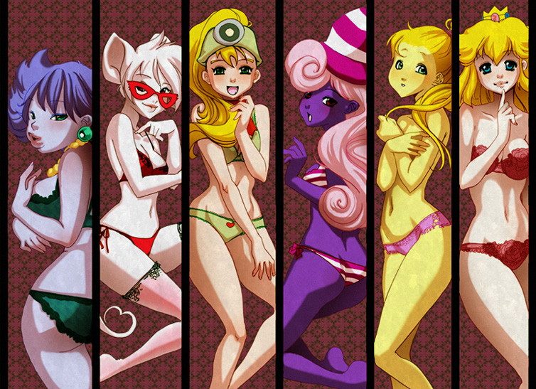 2d 6+girls 6girls ass ass_cleavage blonde_hair blue_eyes blue_skin bra breasts butt_crack cleavage crown earrings fazz female from_behind fur furry goomba goombella green_eyes heart helmet human humanized koopie_koo looking_back madame_flurrie mario_(series) mouse ms._mowz multiple_boys multiple_girls navel necklace nintendo panties paper_mario personification pink_hair ponytail princess_peach purple-skinned_female purple_skin red_eyes shadow_siren straight_hair tail thighhighs tied_hair topless vivian_(paper_mario) yellow_skin