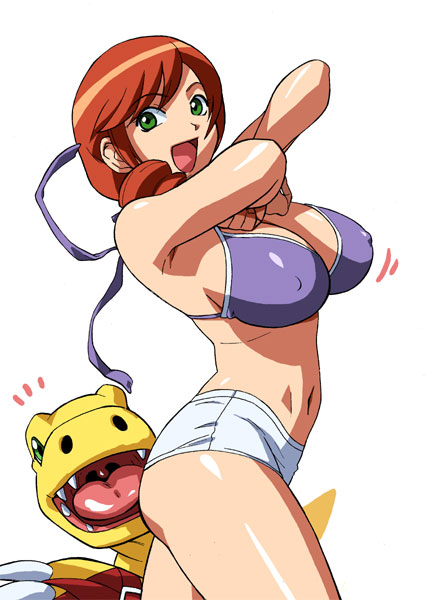 agumon agumon_(savers) arms_up bikini_top breasts cirima claws cleavage digimon digimon_(species) digimon_savers dinosaur drill_hair erect_nipples green_eyes human large_breasts milf navel orange_hair purple_swimsuit red_hair sayuri_daimon short_shorts shorts side_ponytail smile surprised swimsuit teeth volvox