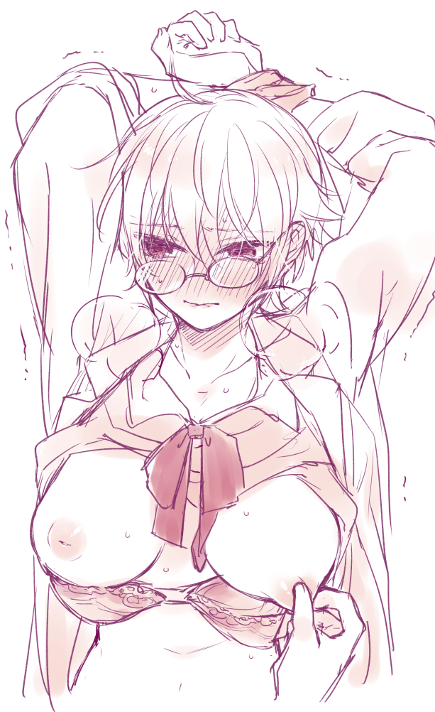 1girls arms_up blush bound_wrists bra bra_down breasts_out breath canon_genderswap class_3-z colored_sketch embarrassed female female_focus genderswap_(mtf) ginko_sakata gintama gintoki_sakata inverted_nipples looking_away nipple_pinch nipple_tweak official_alternate_costume open_jacket restricted_palette rule_63 shirt_up short_hair sketch solo_focus teacher very_short_hair yunfa