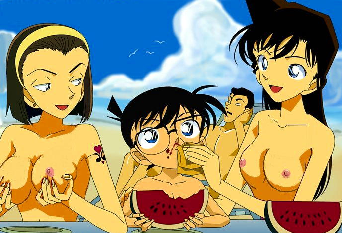 2girls blue_eyes breasts brown_hair conan_edogawa detective_conan female hairband human large_breasts long_hair male nipples ran_mouri short_hair sonoko_suzuki tagme