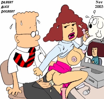 00s 2000s 2000s_(style) 2000s_and_2010s_style 2003 2boys 2girls alice_(dilbert) ass bestiality big_breasts bodily_fluids breasts brown_hair character_name computer cum dated dilbert dilbert_(franchise) dog dogbert_(dilbert) female glasses handjob interspecies male male/female medium_breasts mmf_threesome nev nipples penis sex threesome tina_the_technical_writer uncensored white_background