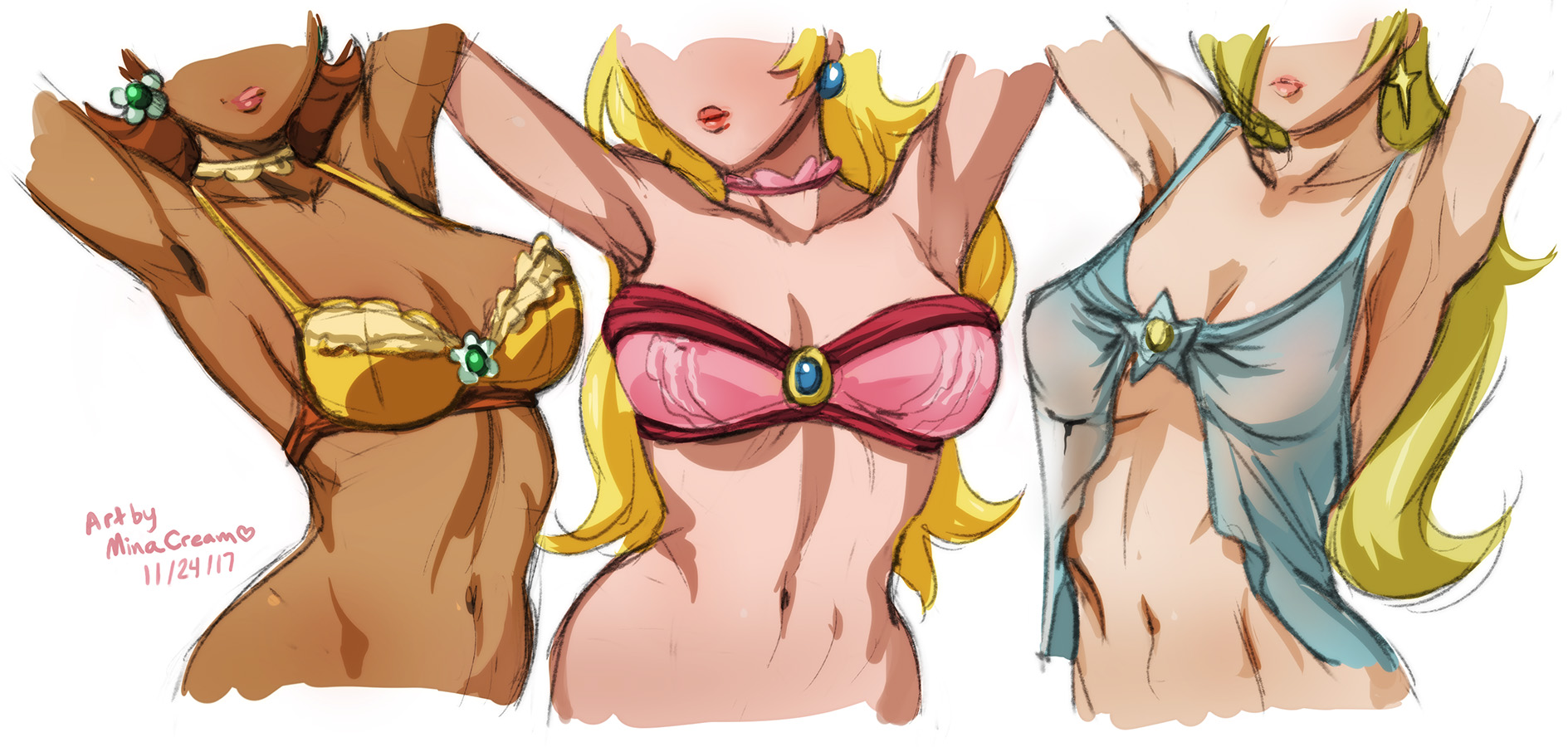 2017, 3girls, armpits, arms up, artist name, babydoll, bare arms, bare shoulders, blonde hair, bra, breasts, brown hair, choker, cleavage, closed mouth, collarbone, dark skin, dark-skinned female, dated, earrings, female, female only, head out of frame, human, jewelry, lips, long hair, mario (series), medium breasts, minacream, multiple females, multiple girls, navel, nintendo, photoshop (medium), princess daisy, princess peach, princess rosalina, see-through, sexy armpits, simple background, sketch, smile, stomach, strapless, strapless bra, tan, torso, underwear, underwear only, upper body, white background