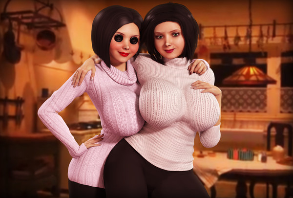 2girls 3d big_breasts breasts clothed_female coraline female female_only hand_on_breast hand_on_hip hand_on_shoulder huge_breasts lipstick mel_jones milf other_mother rasmus-the-owl sweater