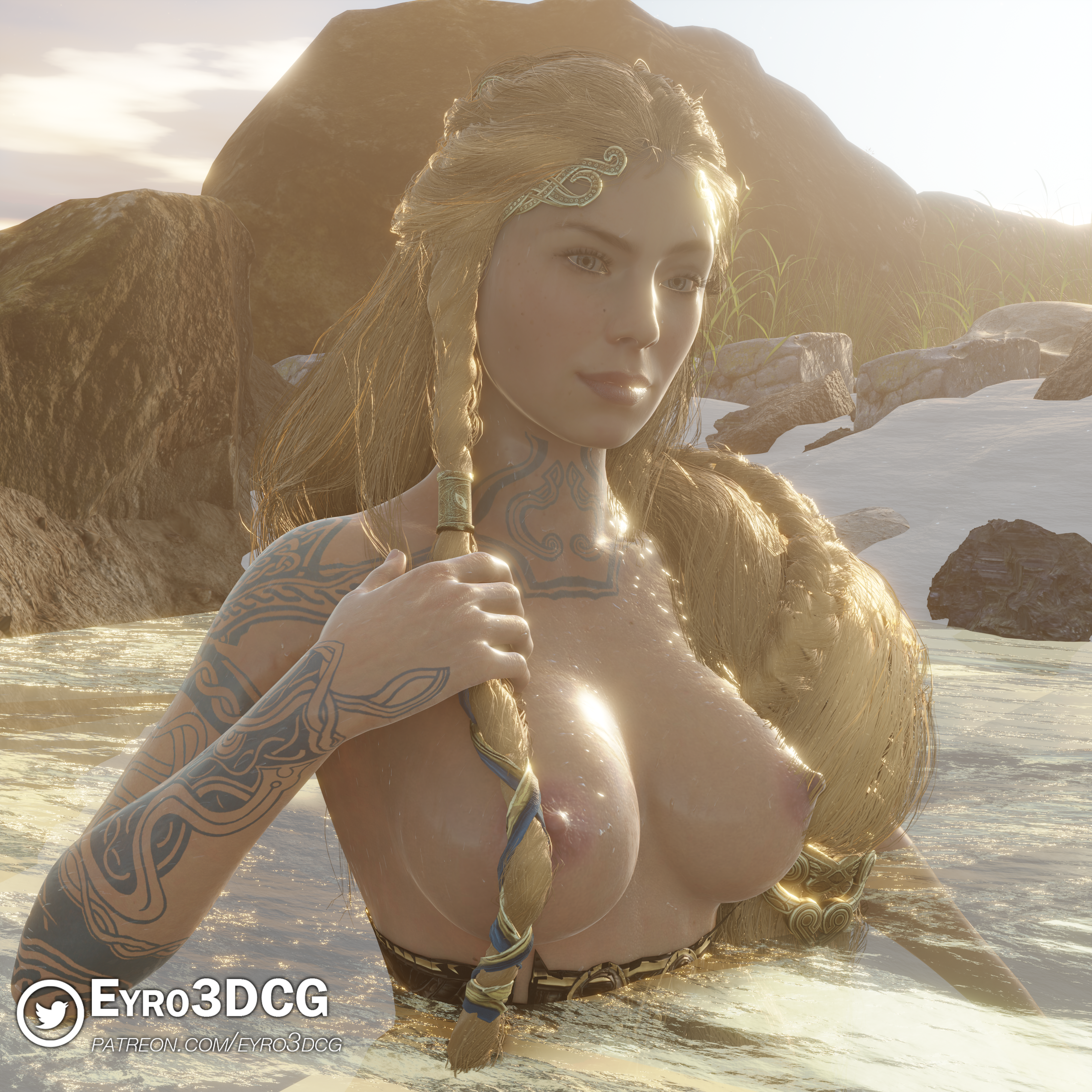 1girls, 3d, 3d (artwork), aesir (norse mythology), areolae, athletic, athletic female, big breasts, blonde hair, blue eyes, braided hair, breasts, busty, cleavage, eyro3dcg, female, female focus, female only, fit, fit female, front view, god, god of war, god of war ragnarok, goddess, hourglass figure, huge breasts, large breasts, light skin, light-skinned female, long hair, looking away, milf, navel, nipples, norse mythology, outdoors, patreon username, pinup, realistic, river, sif (god of war), solo, sony interactive entertainment, tagme, tattoo, tattooed arm, tattoos, toned, toned female, twitter username, wet