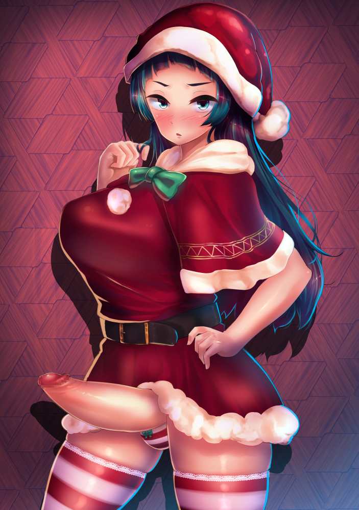 1futa, balls, balls in panties, breasts, censored, christmas, curvy, erection, erection under clothes, erection under skirt, futa only, futanari, green eyes, huge breasts, intersex, large penis, looking at viewer, panties, panty bulge, penis, penis out, penis under clothes, penis under skirt, skirt, skirt lift, solo, thighhighs, urakata (artist)