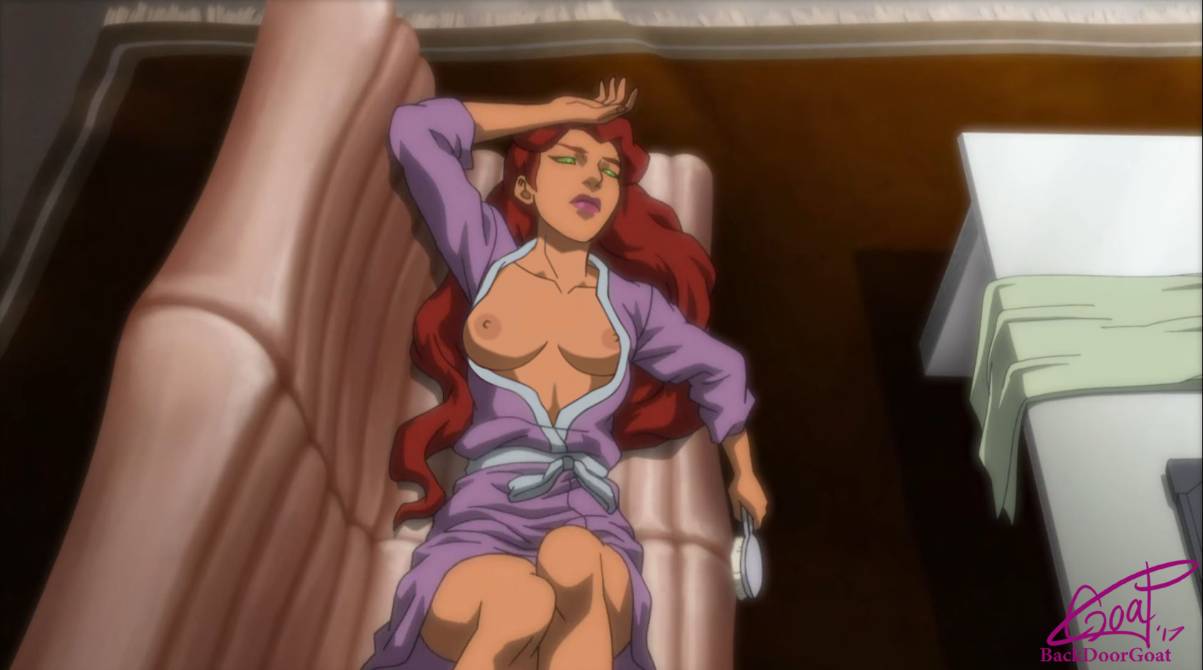 2017, backdoorgoat, breasts, couch, dc, dc comics, dcamu, edit, female, female only, green eyes, justice league vs teen titans, koriand'r, legs, lipstick, long hair, nipples, red hair, screenshot, screenshot edit, starfire, starfire (dcamu), tamaranean, teen titans