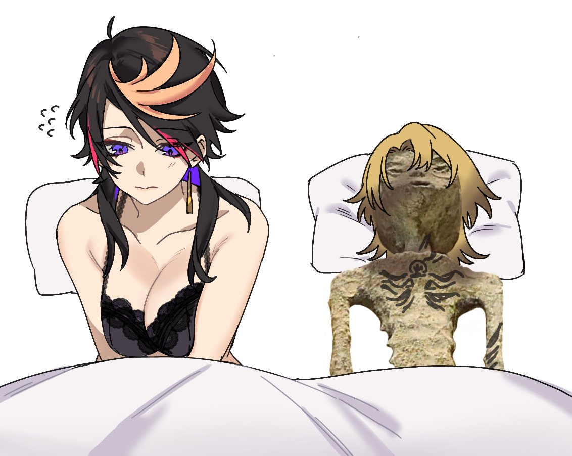 1boy 1girls after_sex alien_boy big_breasts black_hair blonde_hair blonde_highlights blue_eyes bra earrings guy_tired_after_sex_(meme) luca_kaneshiro meme mexico_alien nhimpe2009 nijisanji nijisanji_en pillow red_highlights rule_63 sheets shu_yamino three_tone_hair virtual_youtuber vtuber