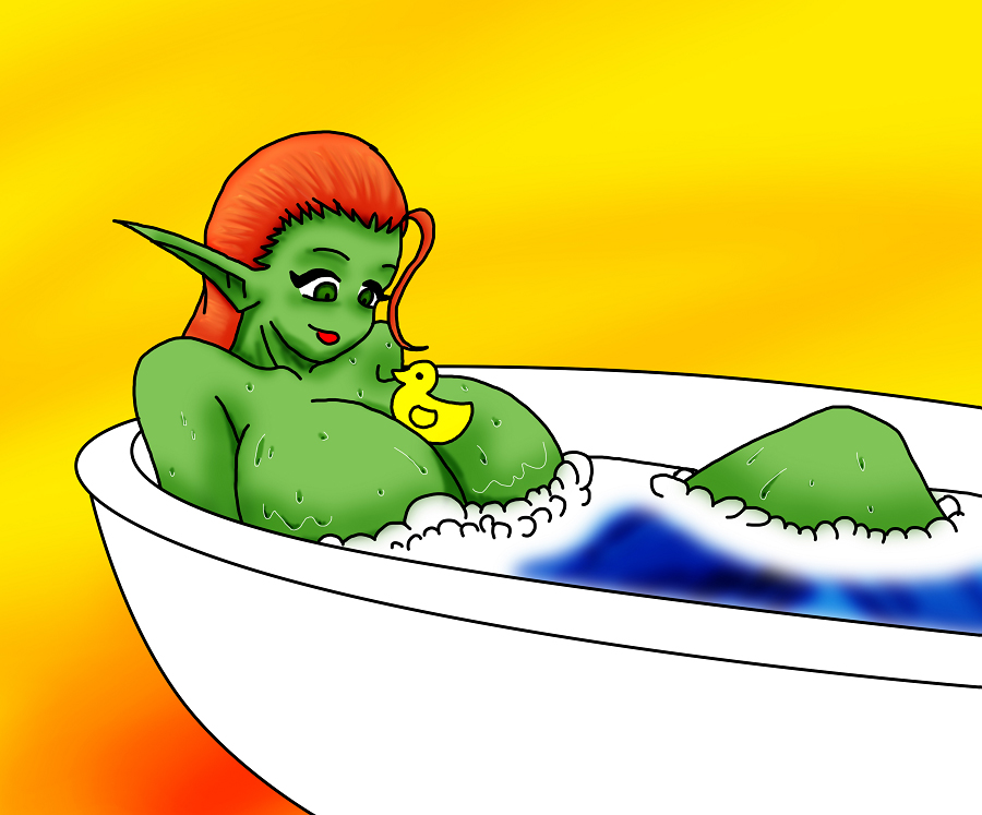 bath bathing bathtub between_breasts breasts bubbles green_eyes green_skin huge_breasts humanoid marauder6272 nude orange_hair pointy_ears rubber_duck shrapnel_(character) thegeckodemon water wet