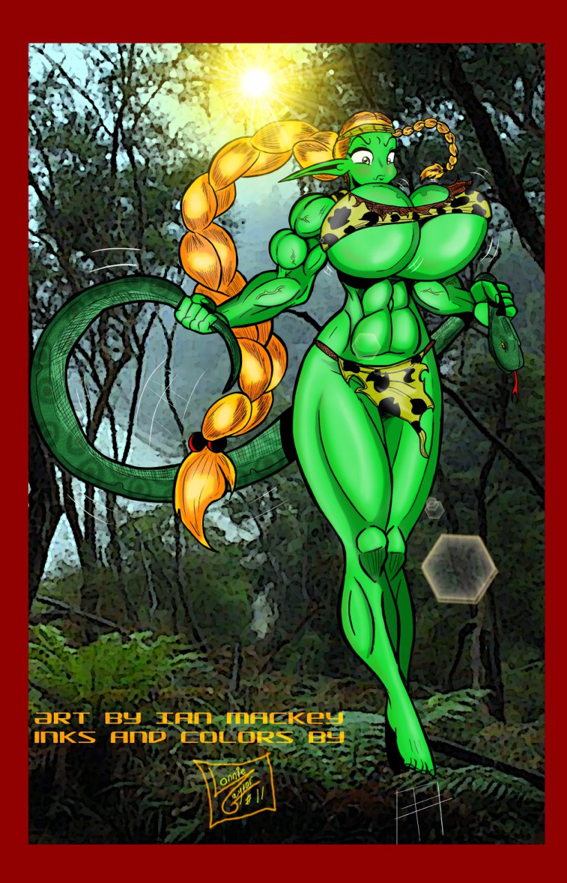 abs barefoot biceps braid breasts feet green_eyes green_skin huge_breasts humanoid jump_rope jungle loincloth lon40 marauder6272 muscles muscular_female orange_hair pointy_ears reptile shrapnel_(character) snake