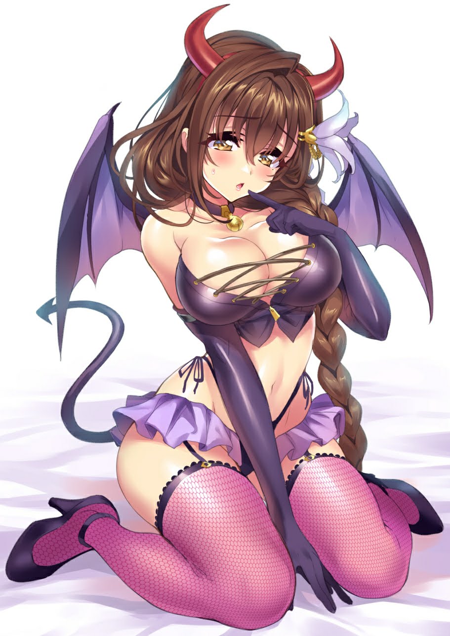 bell bell_collar bikini blush braid brown_eyes brown_hair cleavage collar demon_girl demon_horns demon_tail demon_wings elbow_gloves female fishnets g-string garter_straps gloves high_heels horns kanpani_girls latex latex_gloves long_gloves looking_at_viewer naughty_face navel nude open_mouth panties seductive_smile shirayuri_sakura side-tie_panties skimpy skimpy_clothes succubus tail thighhighs thong white_background wings