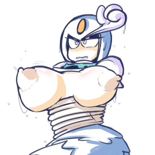 1girls android areola areolae arms_behind_back big_areola big_breasts blue_helmet breasts capcom clothed clothing erect_nipples eyelashes eyes eyeshadow female female_only flustered front_view fupoo helmet large_breasts mega_man mega_man(classic) mega_man_9 mermaid nipples puffy_areola restrained robot robot_girl rope rope_bondage shirt_up simple_background sitting solo solo_female splash_woman sweat sweatdrop tied_up video_games wet white_background