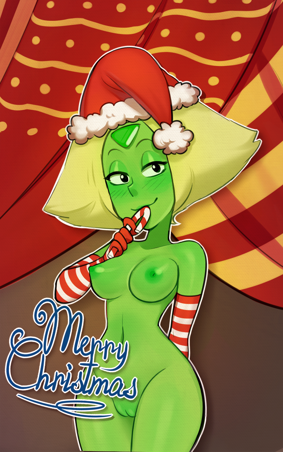 alien armwear blush breasts candy candy_cane cartoon_network christmas clothing female food gem_(species) headwear holidays nipples peridot_(steven_universe) pussy smokyholes solo steven_universe unknown_artist