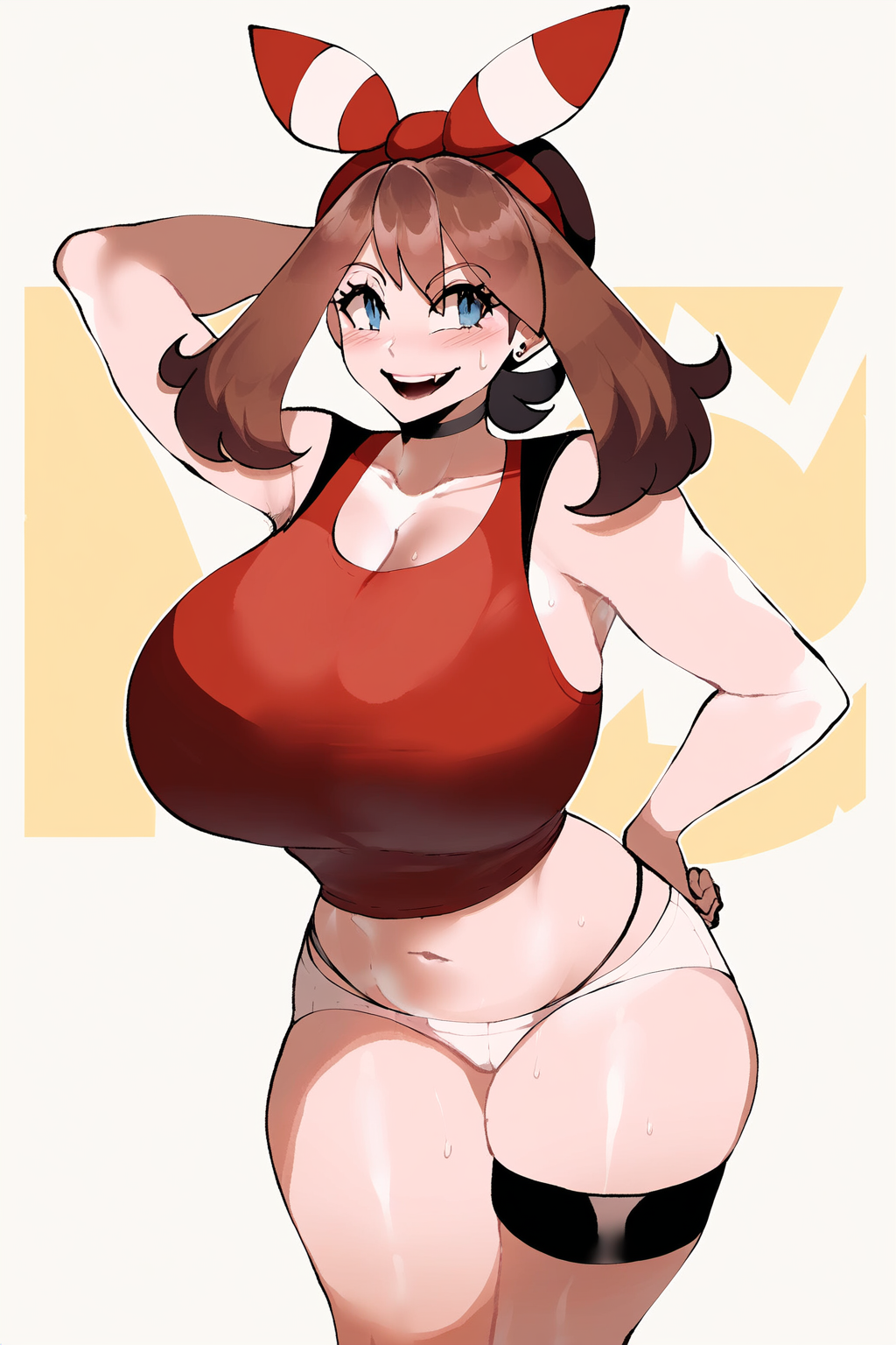 1girls, ai art, ai generated, alternate ass size, alternate body type, alternate breast size, artstyle imitation, ass, blue eyes, blush, breasts, female, grin, huge ass, huge breasts, looking at viewer, may (pokemon), nai diffusion, novelai, pamelafb, pokemon, posing, posing for the viewer, self upload, smile, sweat, sweatdrop, thick thighs, thighs