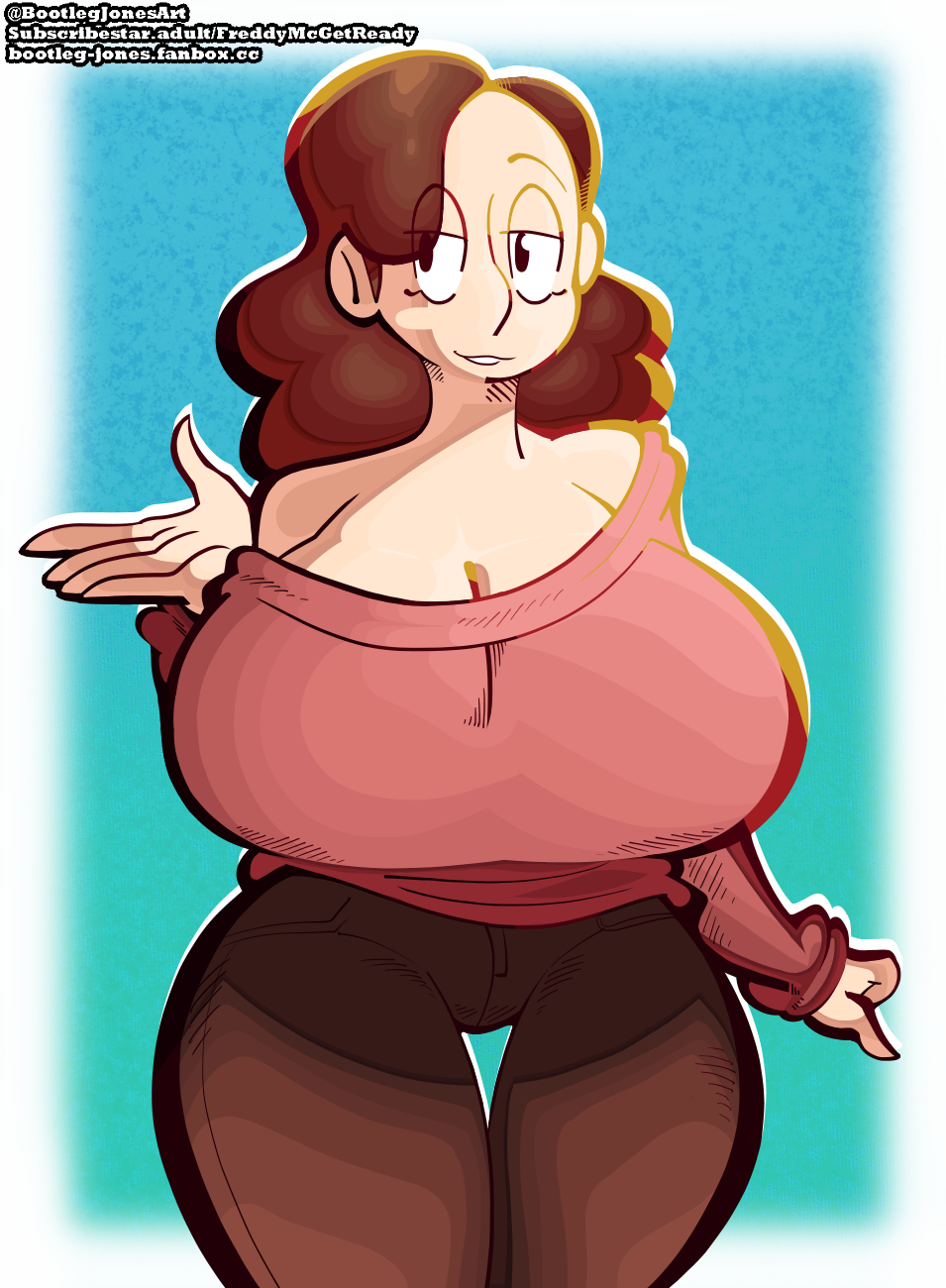 1girls, big breasts, black eyes, bootlegjones, bottomwear, breasts, brown hair, brown pants, clothing, eye visible through hair, female, female only, hair, hilda (series), hips, huge breasts, johanna (hilda), large breasts, mature female, mature woman, milf, mother, pants, red sweater, solo, solo female, sweater, thighs, topwear