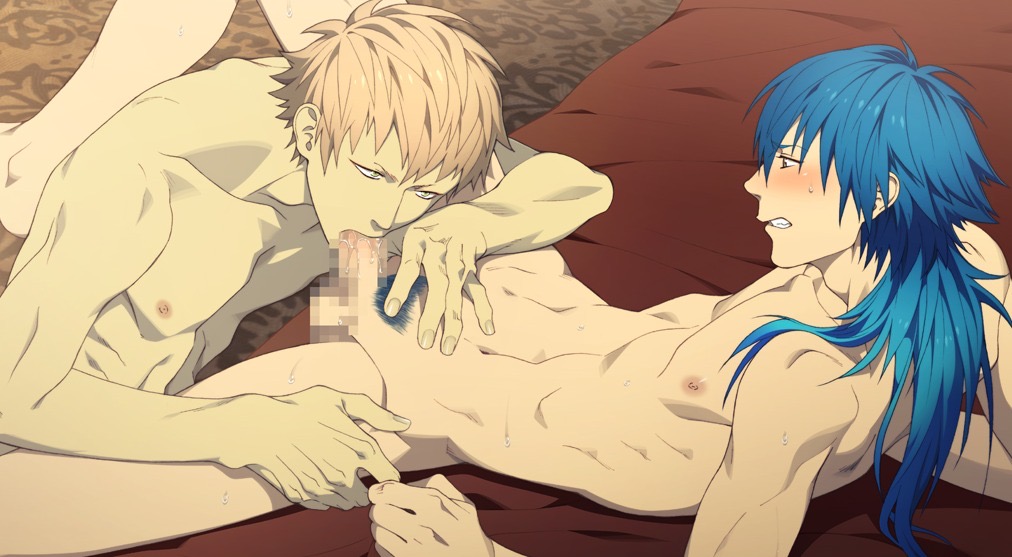 aoba seragaki, blonde hair, blue hair, censored, dramatical murder, game cg, gay, head, male, medium hair, nipples, noiz (dramatical murder), open legs, oral, penis, pretty boy, short hair, skinny, spread legs, sucking penis