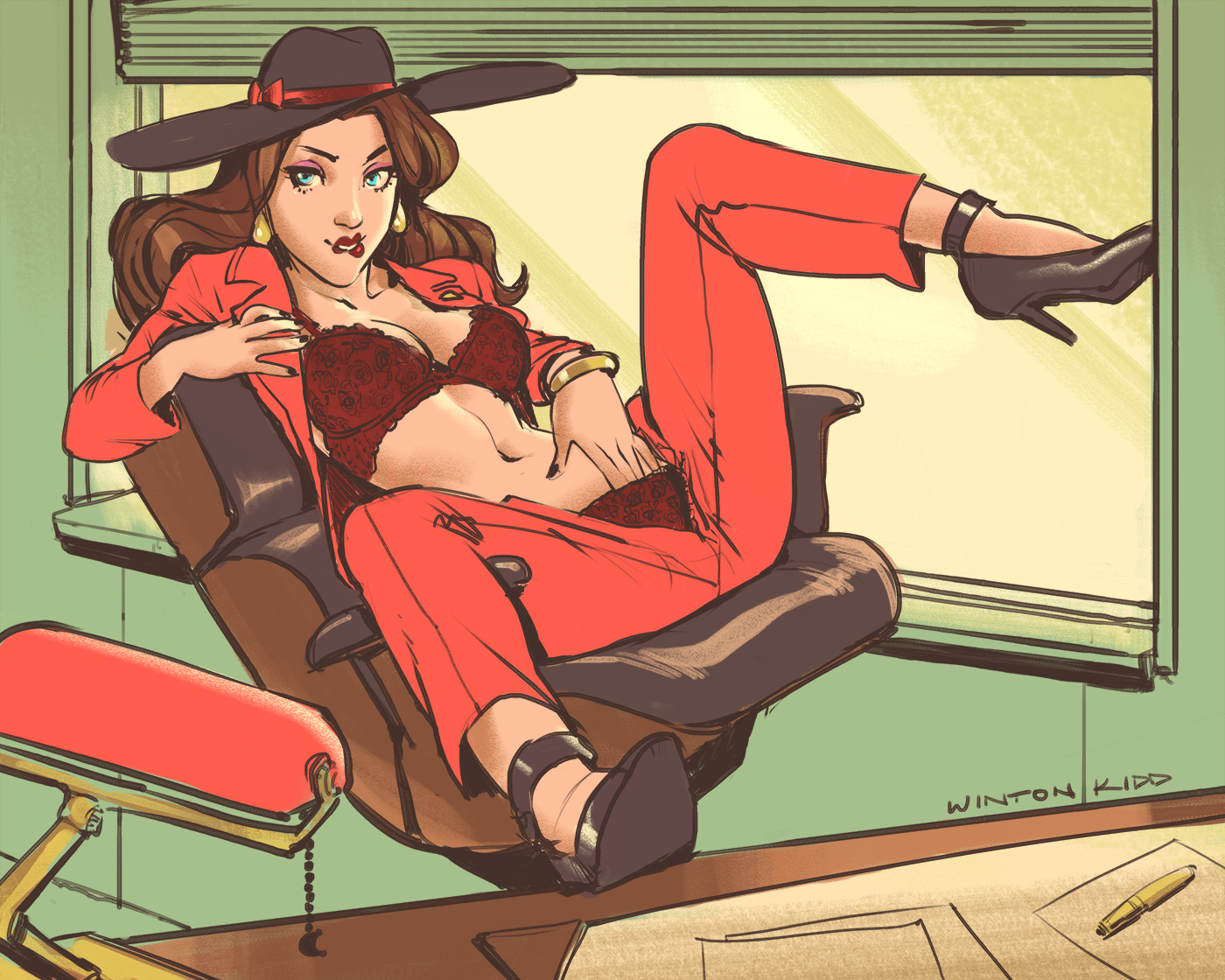 1girls, 2017, biting lip, blue eyes, bra, bracelet, breasts, brown hair, clothing, donkey kong (series), earrings, female, female only, fingernails, hand in own panties, hand in panties, high heels, long hair, mario (series), nintendo, panties, pauline, pauline (mario), solo, spread legs, super mario odyssey, wintonkidd
