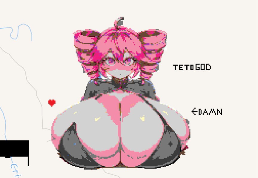 1girls, big breasts, bikini, breasts, female, kasane teto, light-skinned female, pink hair, pixel art, shirt lift, utau, vocaloid, wplace