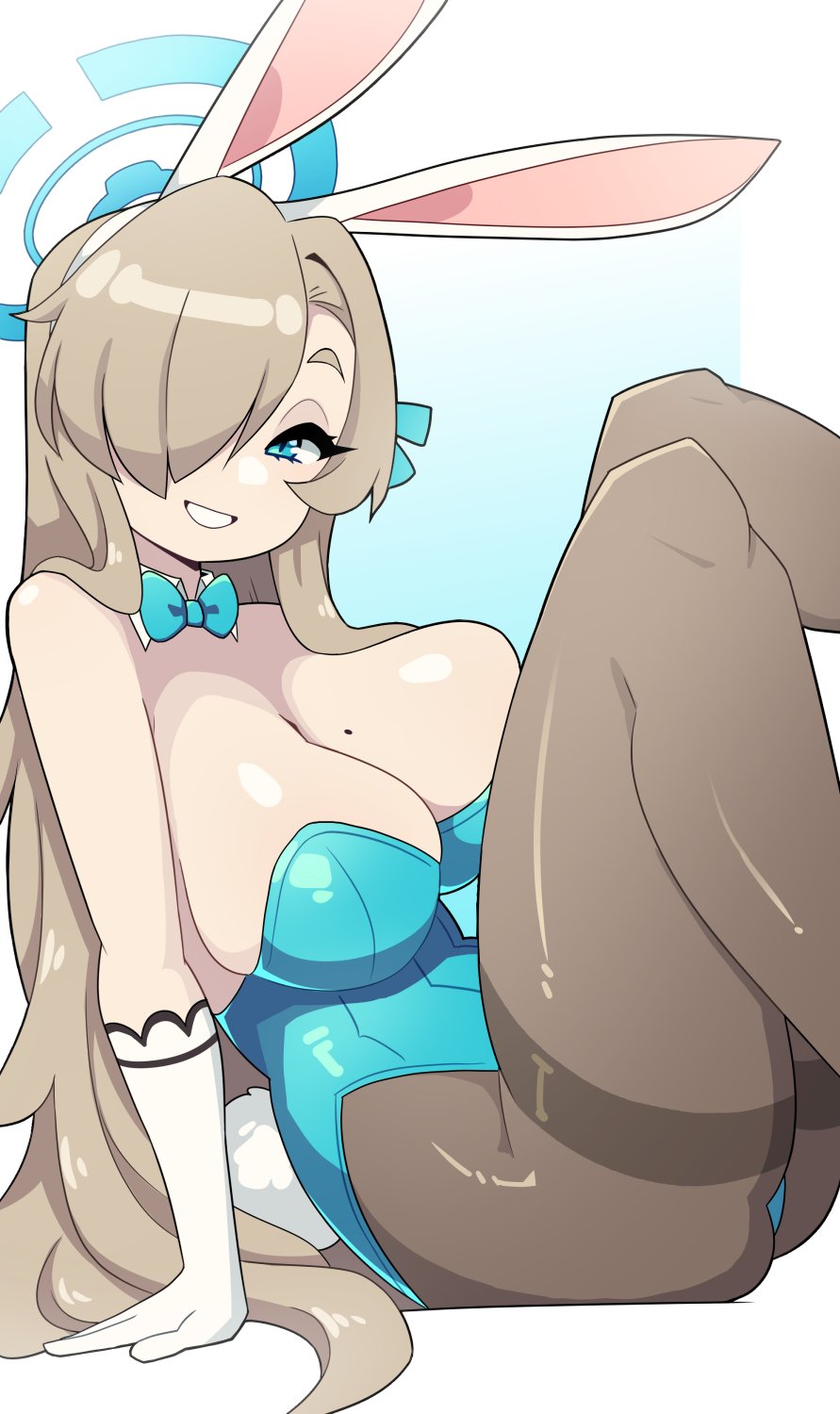 1girls, asuna (blue archive), asuna (bunny) (blue archive), big breasts, blonde hair, blue archive, blue eyes, breasts, bunny ears, bunnysuit, eyelashes, female, female only, grin, grinning at viewer, hair over one eye, hi res, j5daigada, light skin, light-skinned female, long hair, looking at viewer, mole, mole on breast, pantyhose, sitting, smiling, smiling at viewer, solo, thick thighs