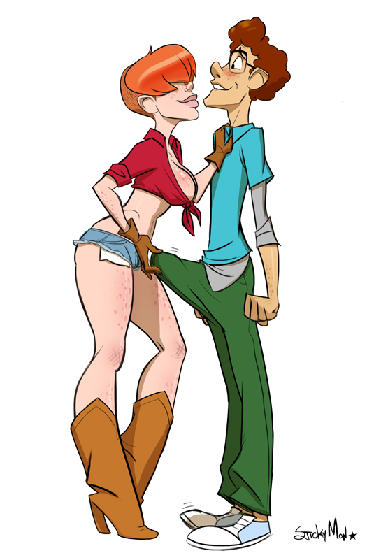 big breasts, boots, breasts, cowgirl, davey malloy, erection, female, footwear, freckles, glasses, gloves, handwear, hot pants, hotpants, june bug, large penis, male, penis, red hair, redhead, stickymon, straight, teasing, touching, touching penis, white background