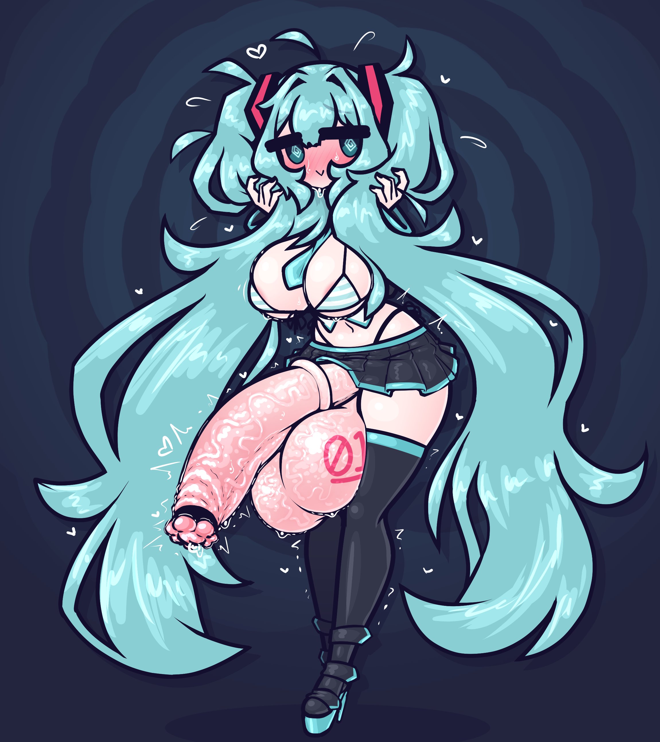 1futa, 1girl, 2025, absurdly long hair, ahoge, animal genitalia, aqua hair, balls, between breasts, bikini, black footwear, black skirt, black thighhighs, blush, boots, breasts, clothed, clothing, embarrassed, erection, flying sweatdrops, full body, futa only, futanari, hatsune miku, heart, high heel boots, high heels, highleg, holding hair, horsecock, huge balls, huge cock, huge penis, human, intersex, large breasts, large penis, large testicles, light skin, limebreaker, long hair, looking at viewer, messy hair, mostly nude, navel, necktie, necktie between breasts, penis, pleated skirt, precum, simple background, skirt, smile, solo, standing, striped, striped bikini, swimsuit, tattoo, testicles, thick thighs, thigh boots, thigh highs, thighhighs, twintails, twitching penis, uncensored, veins, veiny penis, very long hair, wide hips