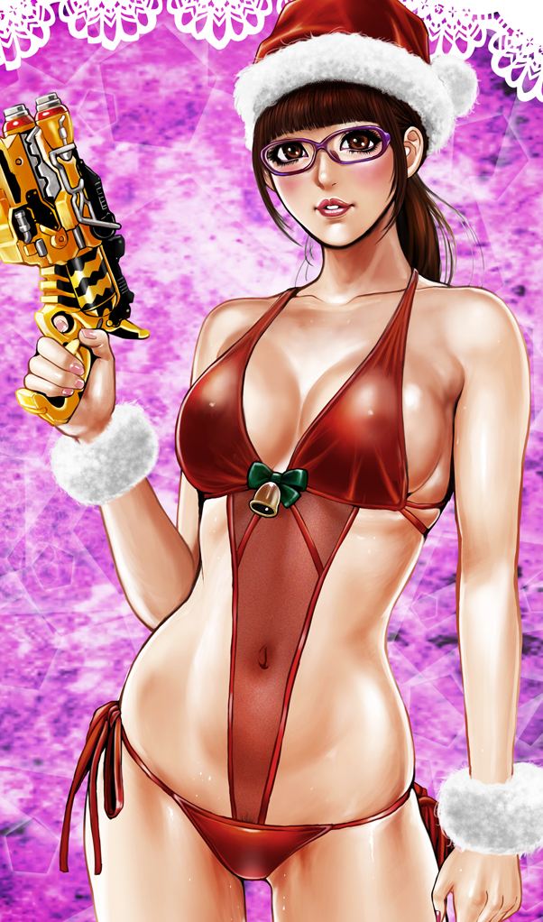 breasts brown_eyes brown_hair christmas female glasses gun hat long_hair original santa_hat solo super_sentai swimsuit tabe_koji weapon yayoi_ulshade zyuden_sentai_kyoryuger