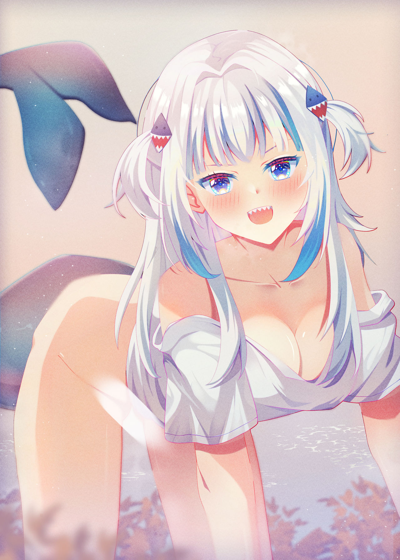 all fours, alternate breast size, alternate breast size (larger), ass, bare shoulders, blue eyes, blurry, blurry background, blush, breasts, cleavage, female, film grain, fins, fish tail, fringe-trim, gawr gura, hair ornament, highres, hololive, hololive english, hololive myth, lake, long hair, lori hagami, medium breasts, mountain, multicolored hair, shark girl, shark tail, shark tooth, shirt, streaked hair, tail, virtual youtuber, white hair, white shirt
