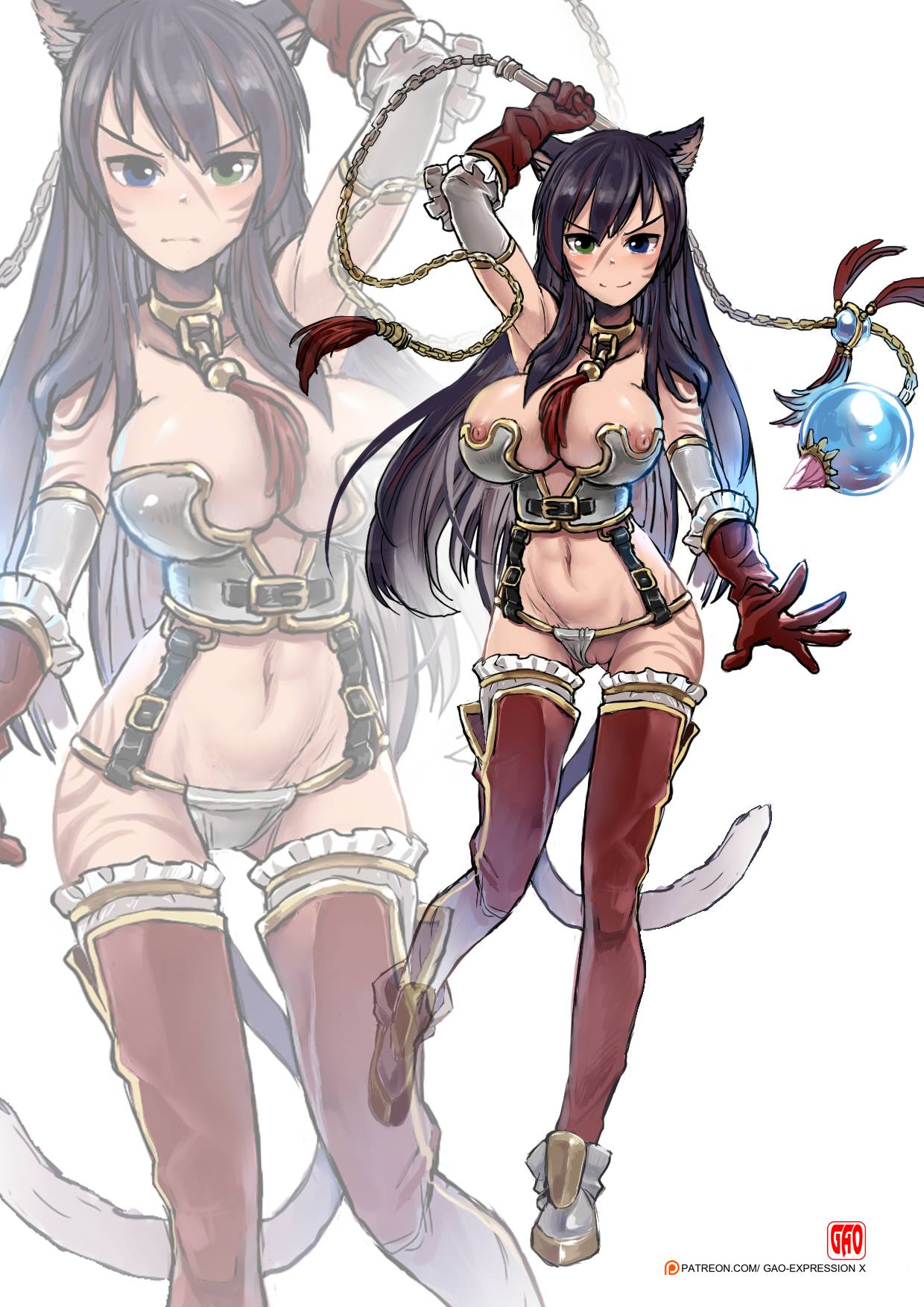 animal_ears big_breasts black_hair blue_eyes breasts cat_ears cat_toy collar facial_markings female final_fantasy final_fantasy_xiv gao-expression_x green_eyes heterochromia humanoid mammal markings miqo'te navel nipples pussy scar signature square_enix w'rose_radiuju