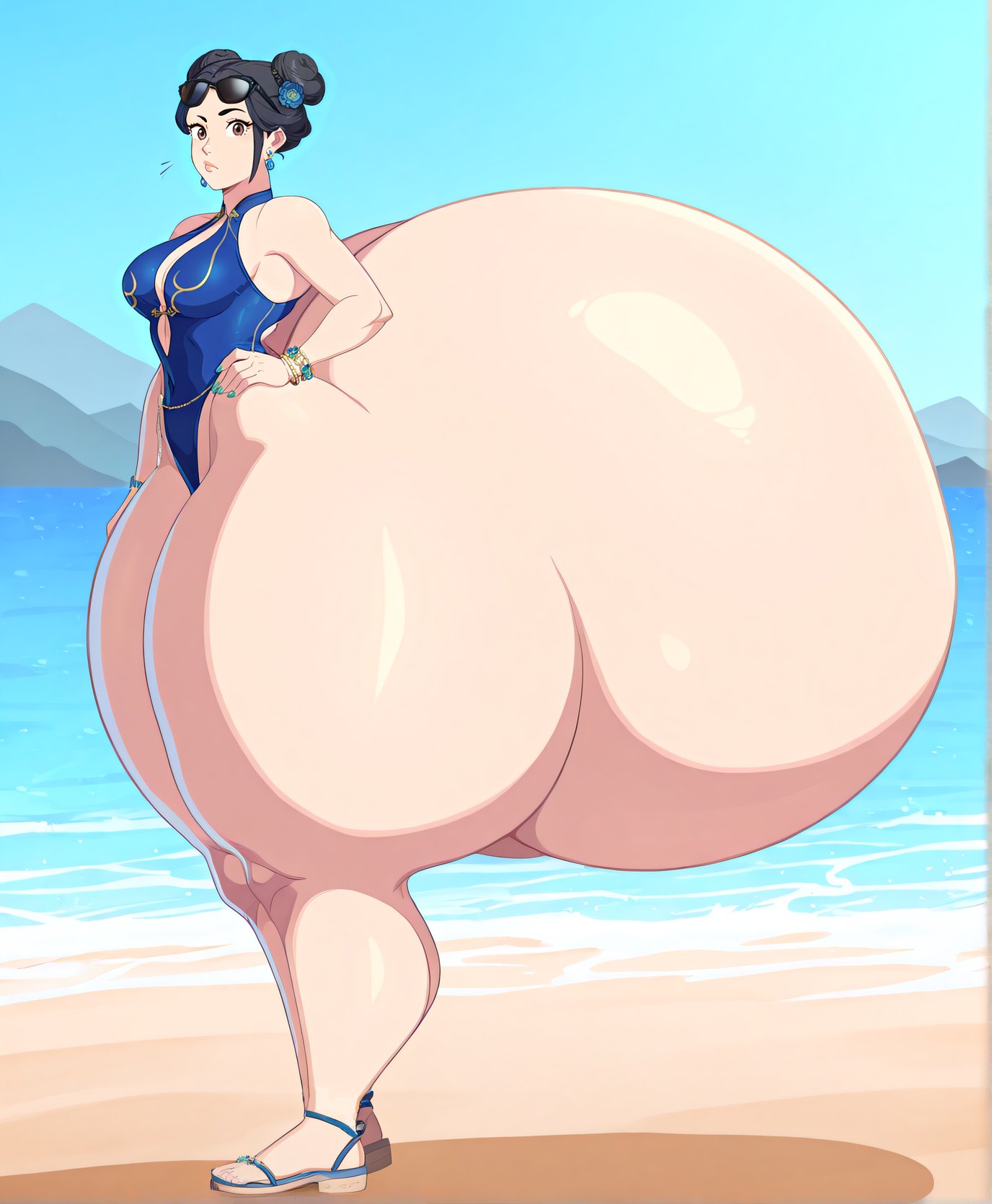 1girls, ai generated, ass bigger than body, ass bigger than head, ass bigger than torso, ass built separately, beach, chun-li, female, fruitybootydx, gigantic ass, hyper, hyper ass, looking at viewer, massive ass, ocean, sand, solo female, street fighter, swimsuit, tagme, water