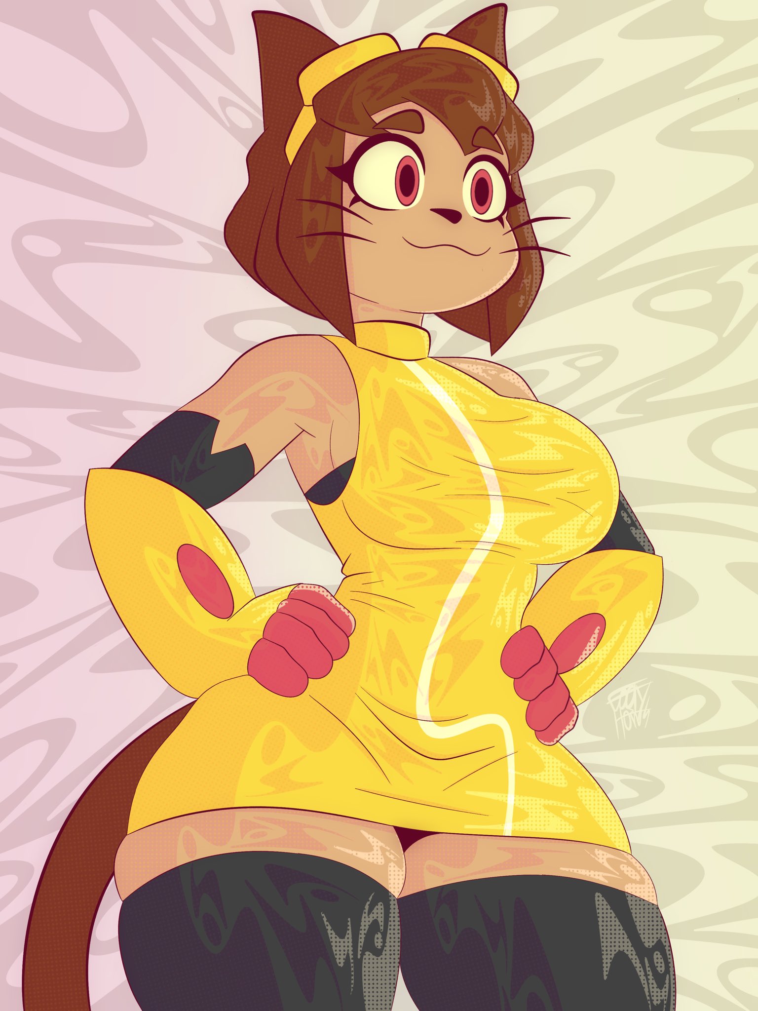 1girls, anthro, big breasts, breasts, cat, cat ears, catgirl, female, female only, furry, furry female, gameoverse, goofy horns, kit (gameoverse), kit bodega, smile, smiling, solo, thick, thick thighs, thighhighs, thighs, tight clothing, whiskers
