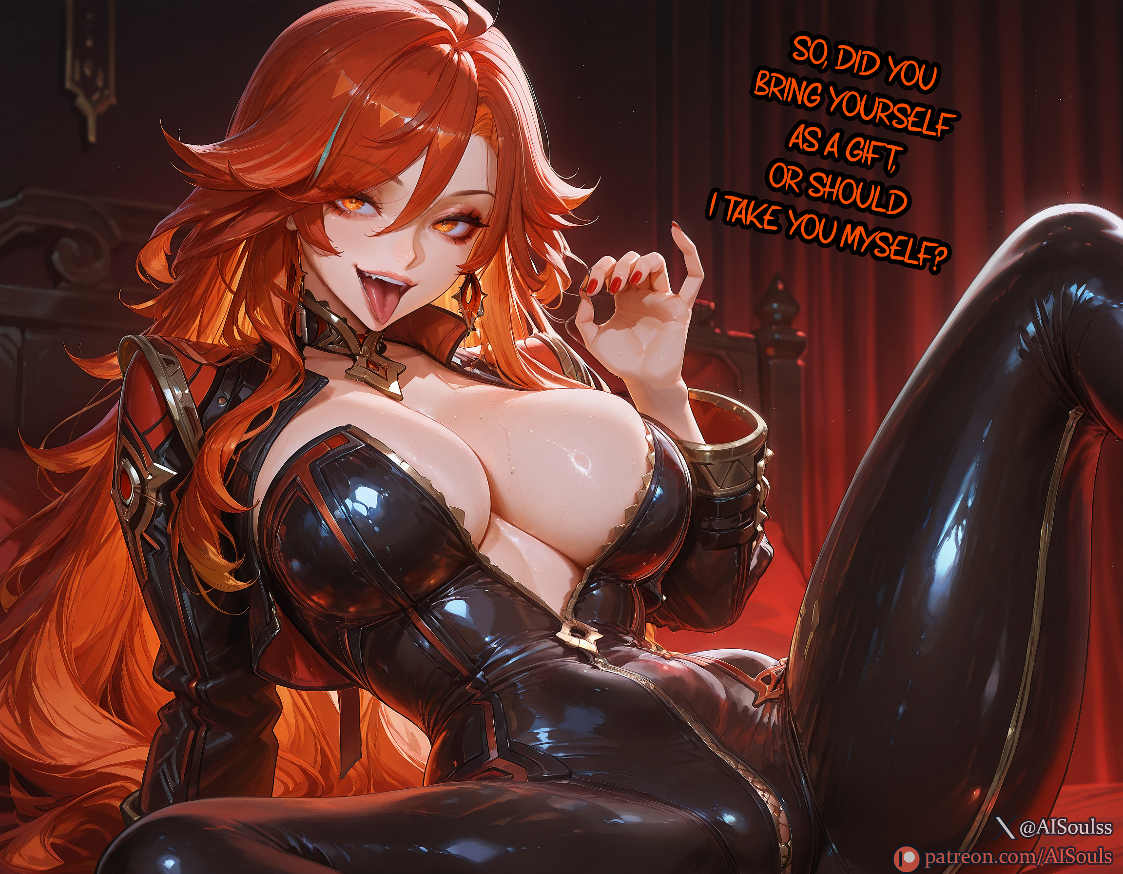1girls, ai assisted, ai generated, aisouls, blowjob gesture, blush, breasts, caption, choker, cowboy shot, ear piercing, earrings, english text, eyelashes, female, genshin impact, highres, horny, hourglass figure, human, indoors, jewelry, large breasts, latex, latex clothing, latex gloves, latex suit, light skin, light-skinned female, long hair, mavuika (genshin impact), mihoyo, navel, necklace, open mouth, orange eyes, orange hair, patreon username, red eyes, red hair, seductive, seductive look, sexy, sexy body, simple background, smile, smirk, spread legs, sweat, tagme, tiny waist, tongue, tongue out, web address, yellow eyes