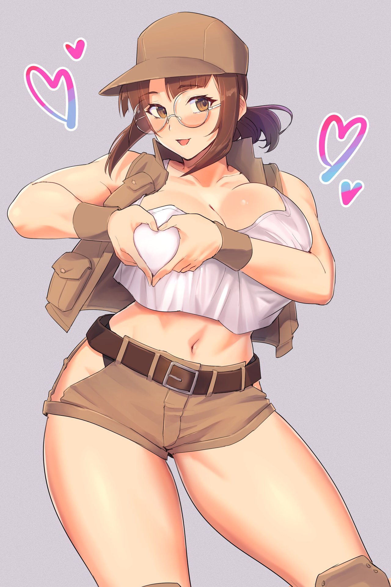 1girls, 5 fingers, background, belt, breasts, brown eyes, brown hair, brown hat, brown jacket, brown-haired female, clothed, clothed female, female, female focus, female only, fingers, fio germi, glasses, gray background, hand on breast, hand sign, hat, heart, heart-shaped pupils, huge breasts, huge thighs, human, human only, large breasts, looking at viewer, love, madsensei, metal slug, open mouth, short hair, simple background, solo, solo female, thighs, tongue, white shirt