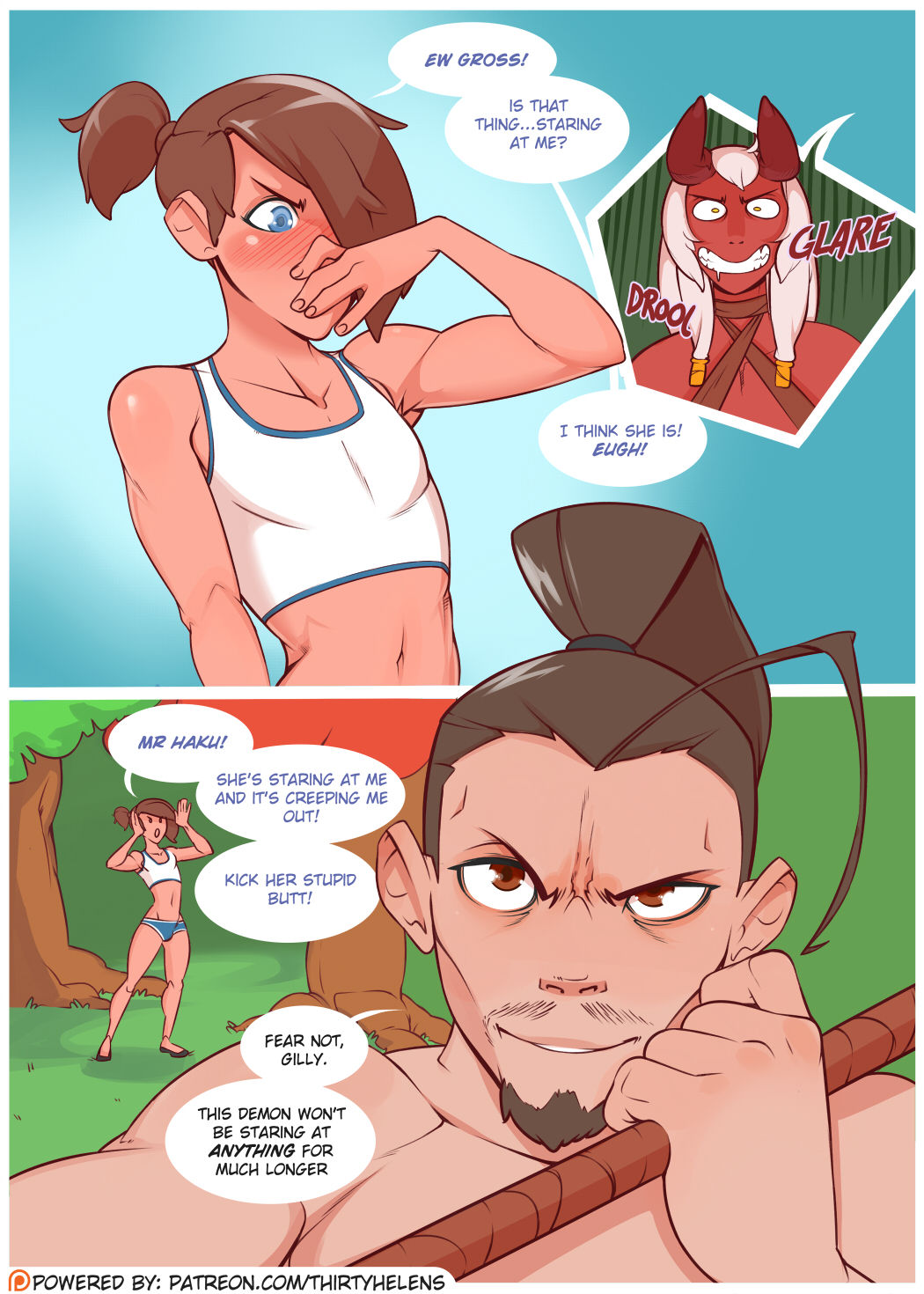 ahe gao, anal, anal insertion, ass, big breasts, big penis, blue eyes, blush, breasts, brown hair, comic, crossdressing, crying, demon, demon futa, demon girl, dialogue, doggy style, english text, fainting, female, femboy, fucked silly, futa on male, futanari, gaping, girly, intersex, male, monster girl, oral, penetration, penis, siduri (thirtyhelens), text, thirtyhelens, trap, white hair, yellow eyes
