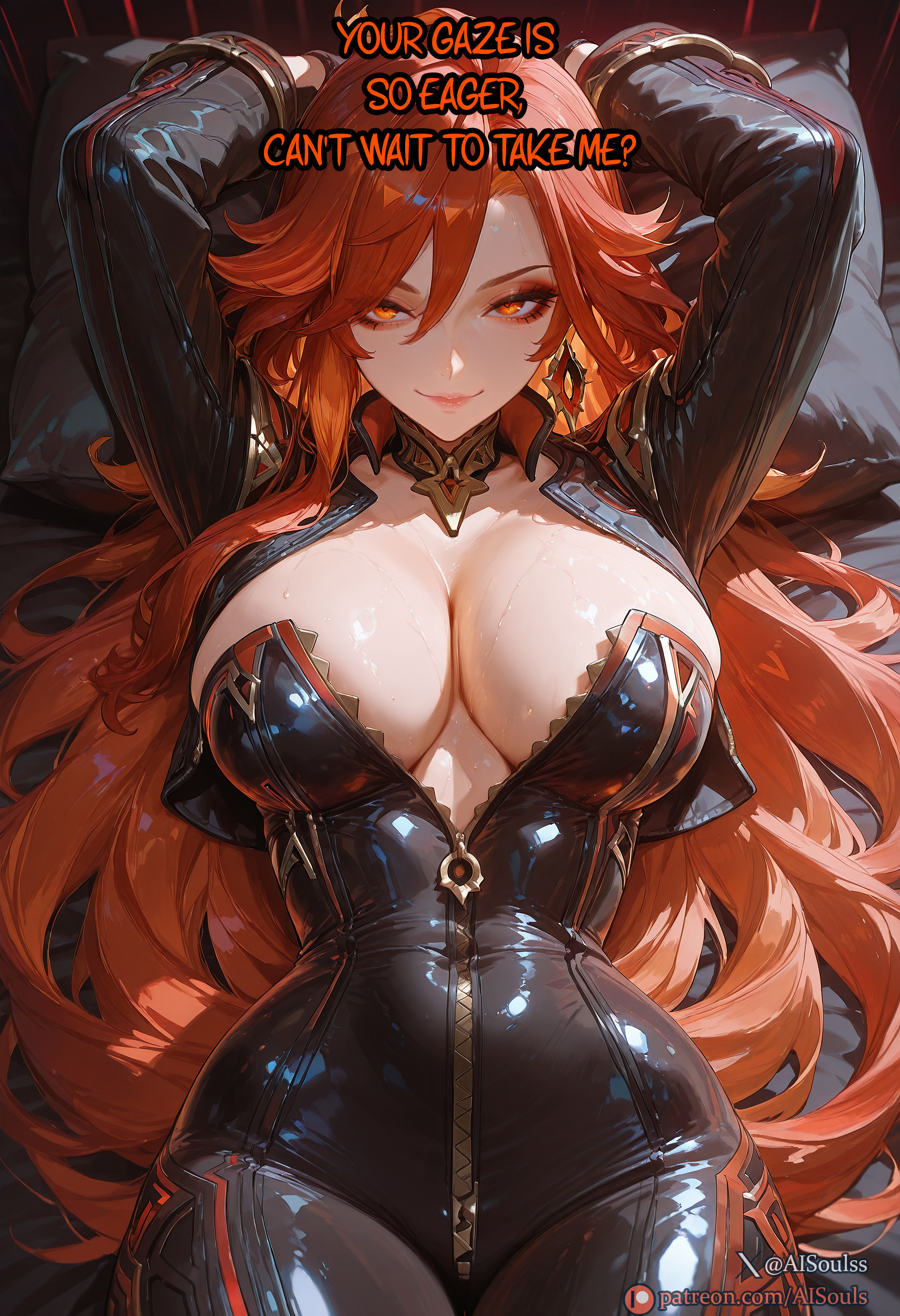 1girls, ai assisted, ai generated, aisouls, blush, breasts, caption, choker, cowboy shot, ear piercing, earrings, english text, eyelashes, female, genshin impact, highres, horny, hourglass figure, human, indoors, jewelry, large breasts, latex, latex clothing, latex gloves, latex suit, light skin, light-skinned female, long hair, mavuika (genshin impact), mihoyo, navel, necklace, orange eyes, orange hair, patreon username, red eyes, red hair, seductive, seductive look, sexy, sexy body, simple background, smile, smirk, sweat, tagme, tiny waist, web address, yellow eyes