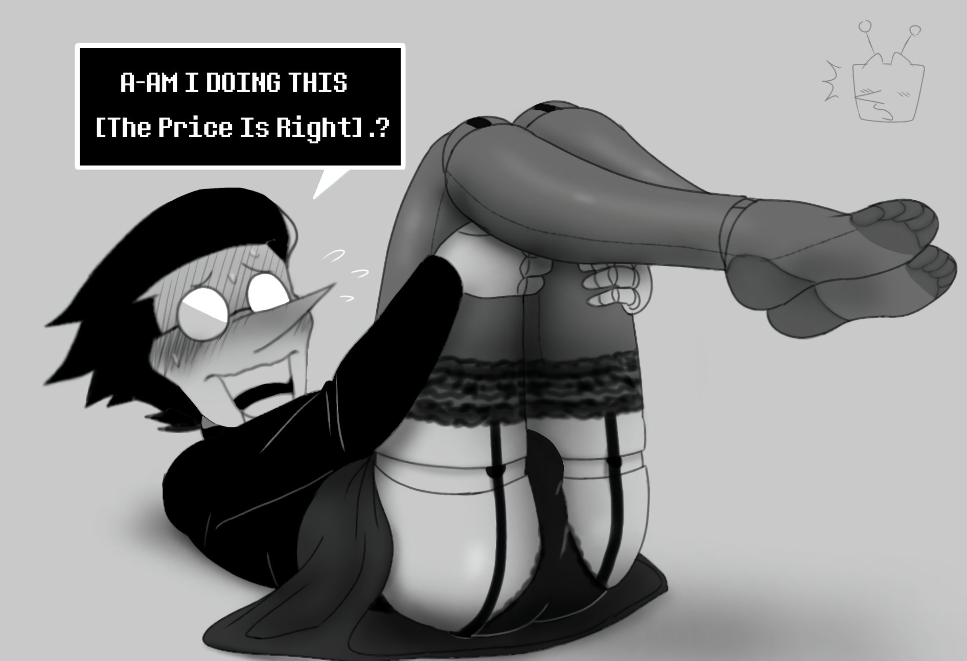 2boys, blush, blushing, cliodoesntdraw, cloodraw, deltarune, deltarune chapter 2, embarassed, feet up, glasses, lingerie, male, male only, male/male, not my art, only male, panties, presenting, spamtenna, spamton g spamton, submissive, submissive male, tenna (deltarune), thighhighs, thighs