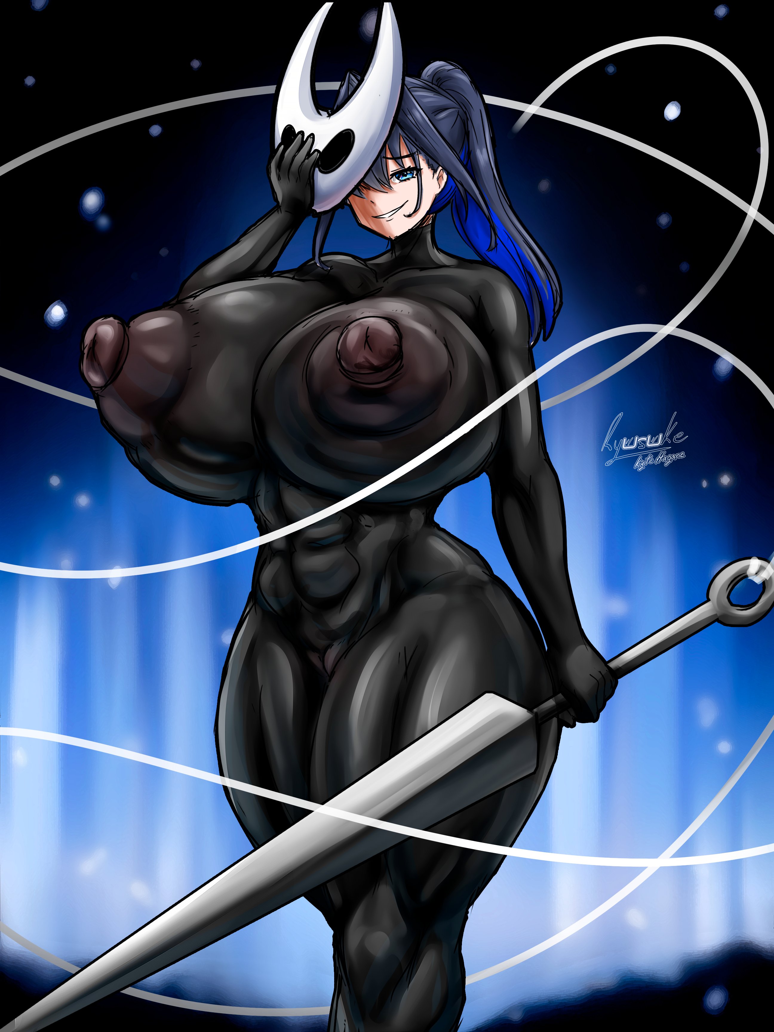 1girls, areolae, breasts, cosplay, female, gigantic breasts, hollow knight, hollow knight: silksong, hololive, hololive english, hornet (hollow knight) (cosplay), huge breasts, looking at viewer, nipples, ouro kronii, ryusuke kh (ryusuke kyte hagane), tagme, virtual youtuber